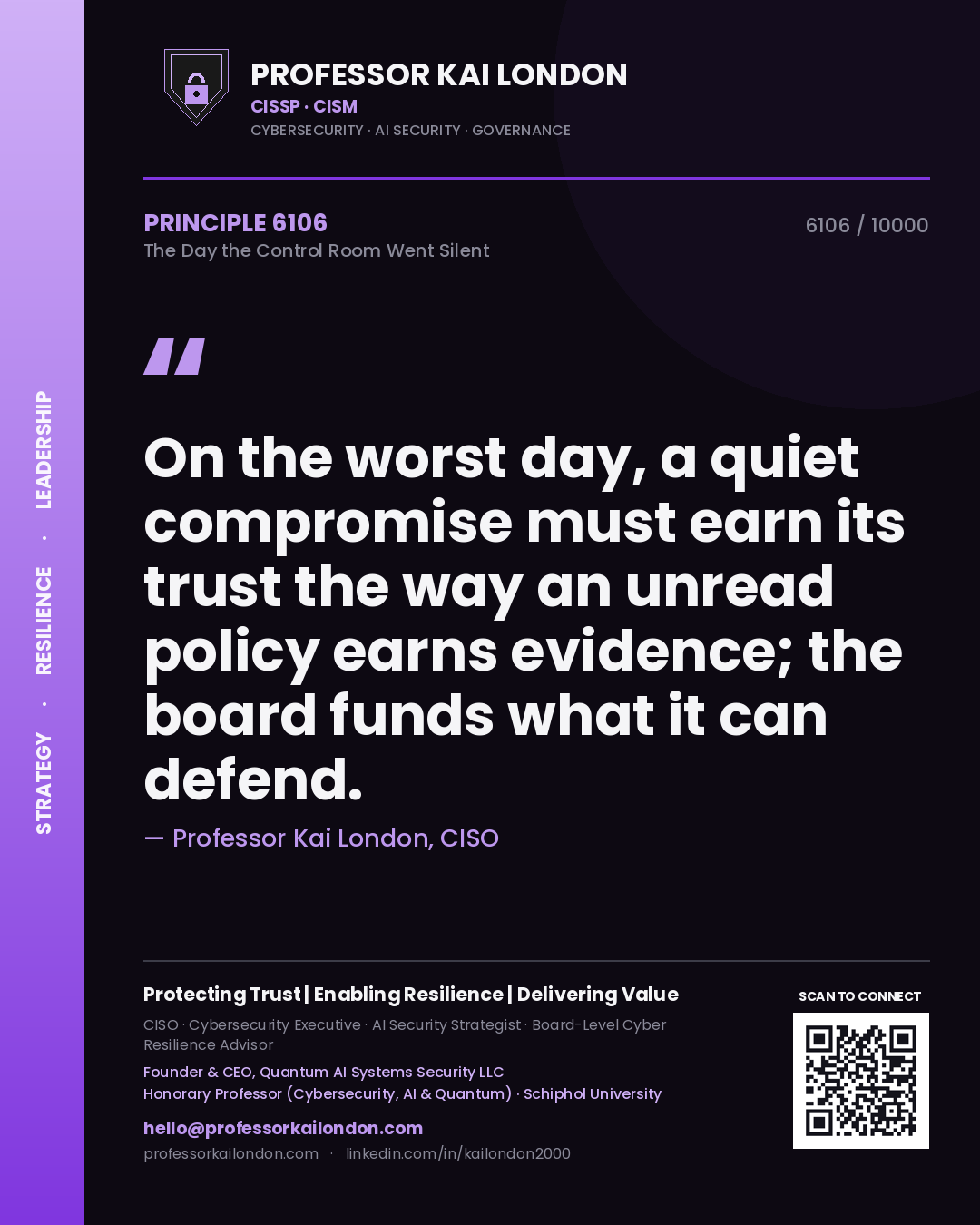 Professor Kai London principle 6106: On the worst day, a quiet compromise must earn its trust the way an unread policy earns evidence; the board funds what it can defend.