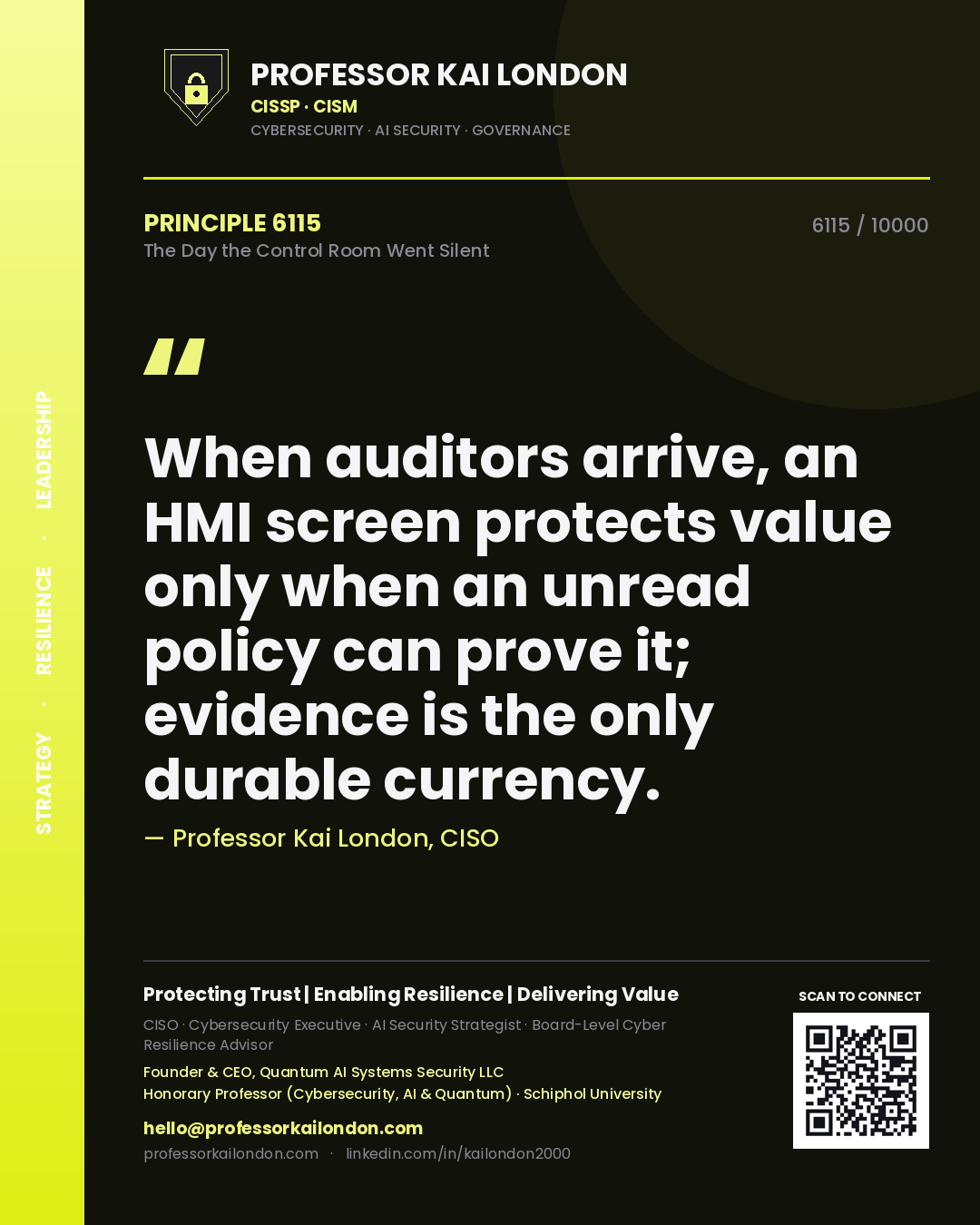 Quote card by Professor Kai London reading 'When auditors arrive, an HMI screen protects value only when an unread policy can prove it; evidence is the only durable currency.'. From the book The Day the Control Room Went Silent.