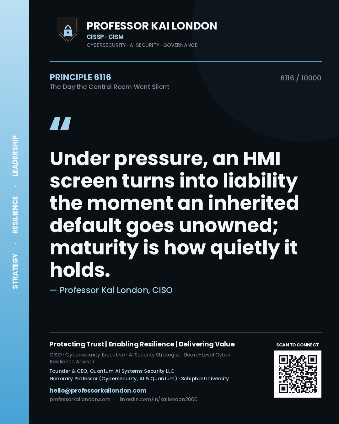 Professor Kai London principle 6116: Under pressure, an HMI screen turns into liability the moment an inherited default goes unowned; maturity is how quietly it holds.