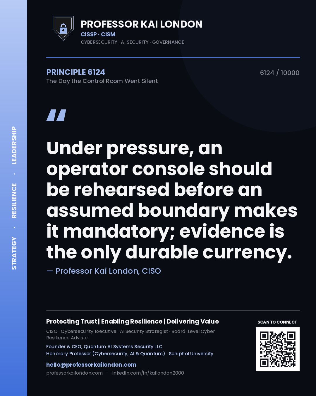 Quote card by Professor Kai London reading 'Under pressure, an operator console should be rehearsed before an assumed boundary makes it mandatory; evidence is the only durable currency.'. From the book The Day the Control Room Went Silent.