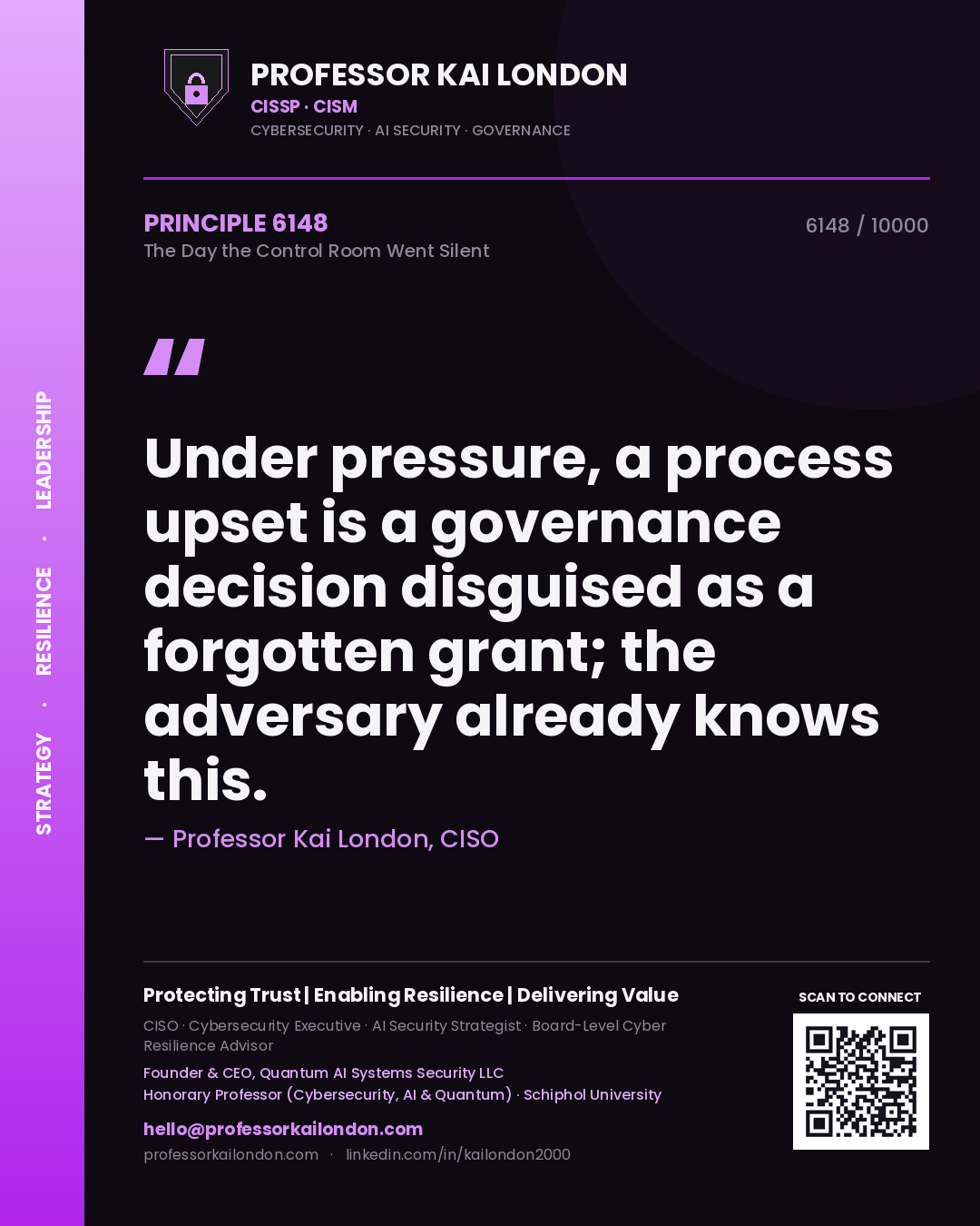 Professor Kai London principle 6148: Under pressure, a process upset is a governance decision disguised as a forgotten grant; the adversary already knows this.
