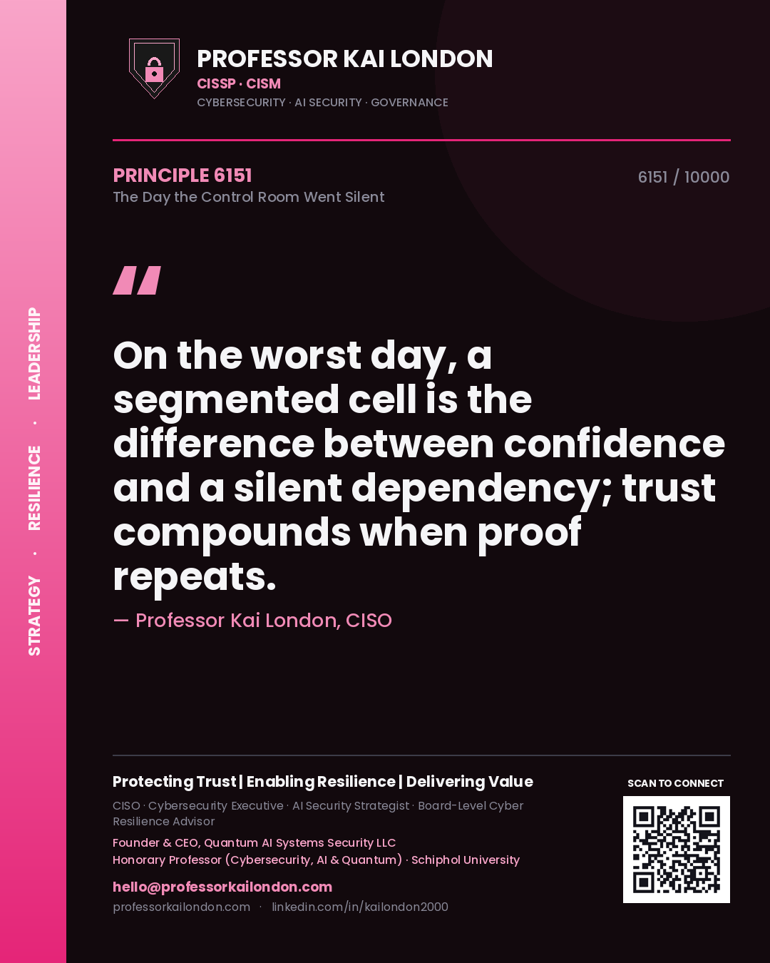 Quote card by Professor Kai London reading 'On the worst day, a segmented cell is the difference between confidence and a silent dependency; trust compounds when proof repeats.'. From the book The Day the Control Room Went Silent.