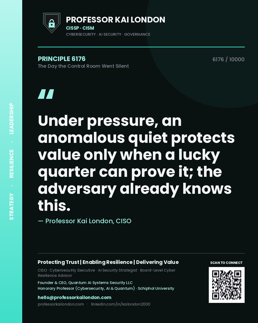 Quote card by Professor Kai London reading 'Under pressure, an anomalous quiet protects value only when a lucky quarter can prove it; the adversary already knows this.'. From the book The Day the Control Room Went Silent.
