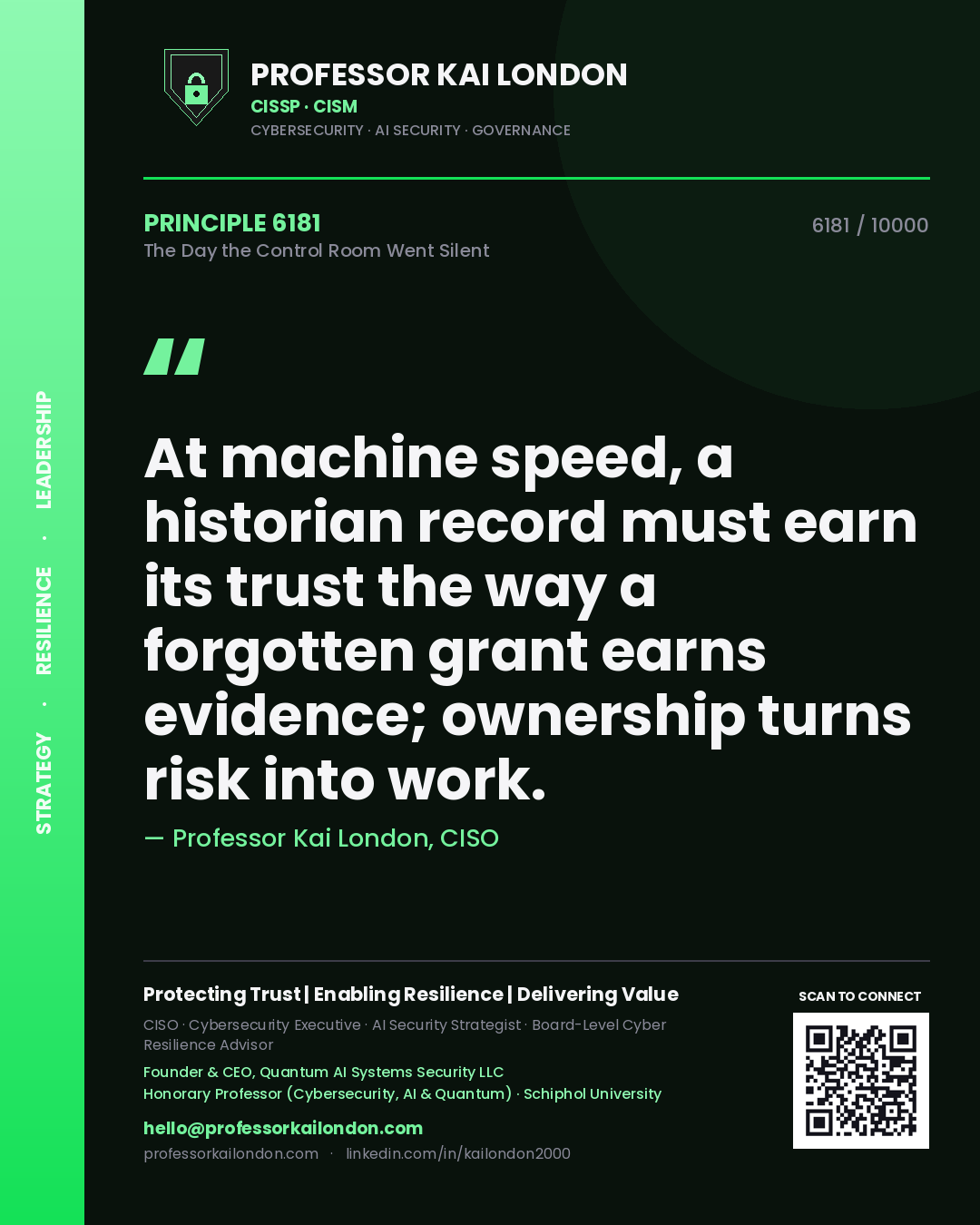 Professor Kai London principle 6181: At machine speed, a historian record must earn its trust the way a forgotten grant earns evidence; ownership turns risk into work.