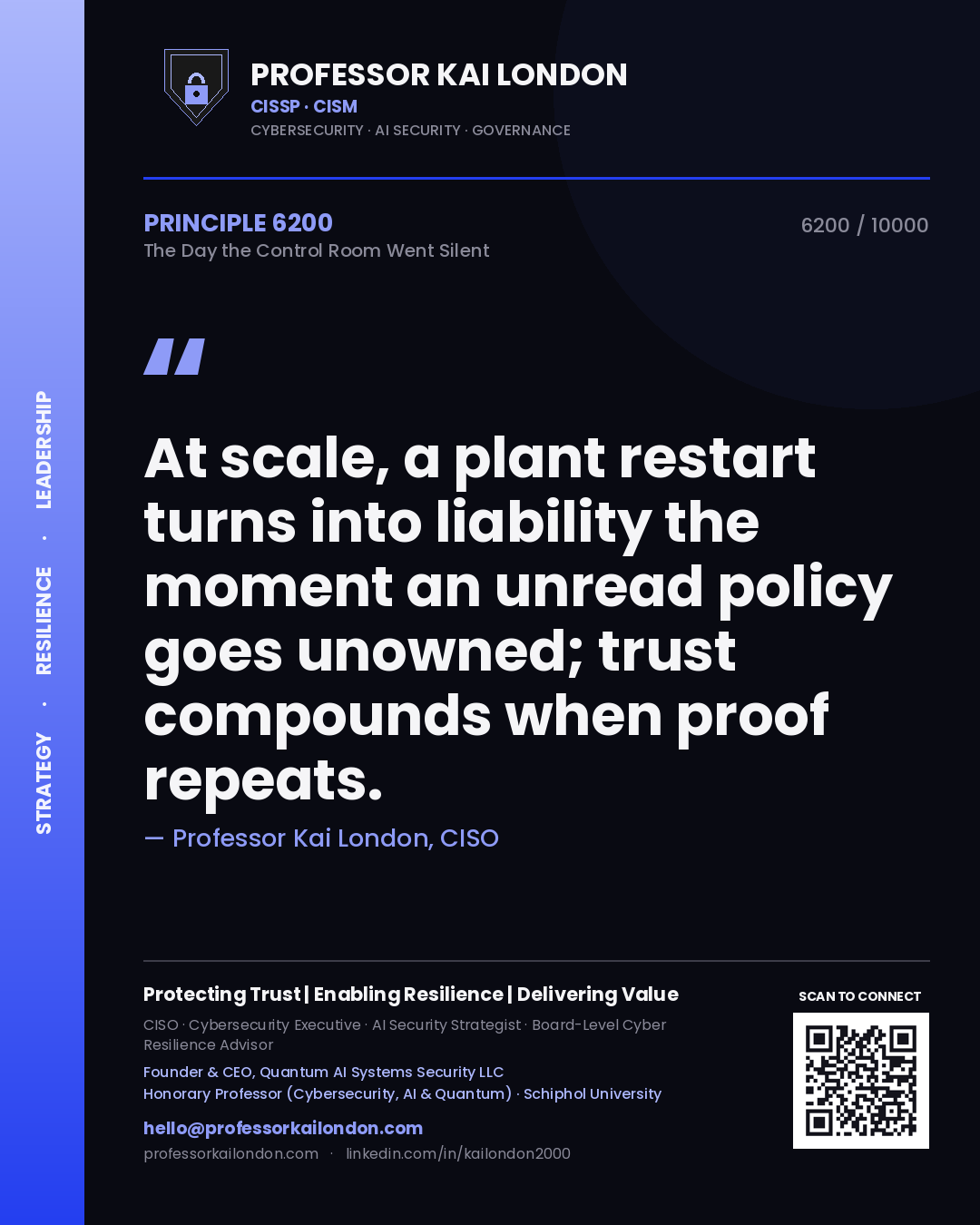 Quote card by Professor Kai London reading 'At scale, a plant restart turns into liability the moment an unread policy goes unowned; trust compounds when proof repeats.'. From the book The Day the Control Room Went Silent.