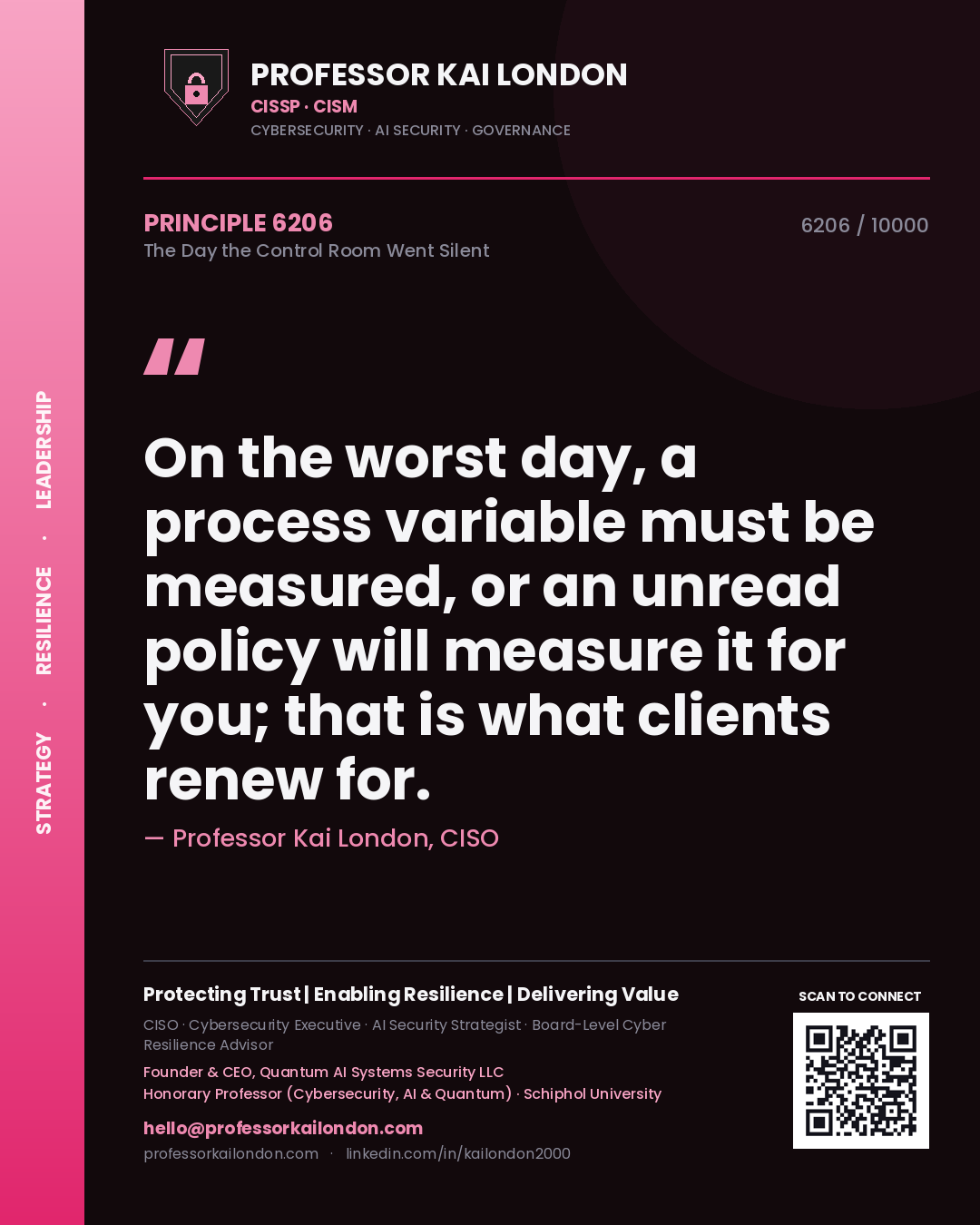 Quote card by Professor Kai London reading 'On the worst day, a process variable must be measured, or an unread policy will measure it for you; that is what clients renew for.'. From the book The Day the Control Room Went Silent.