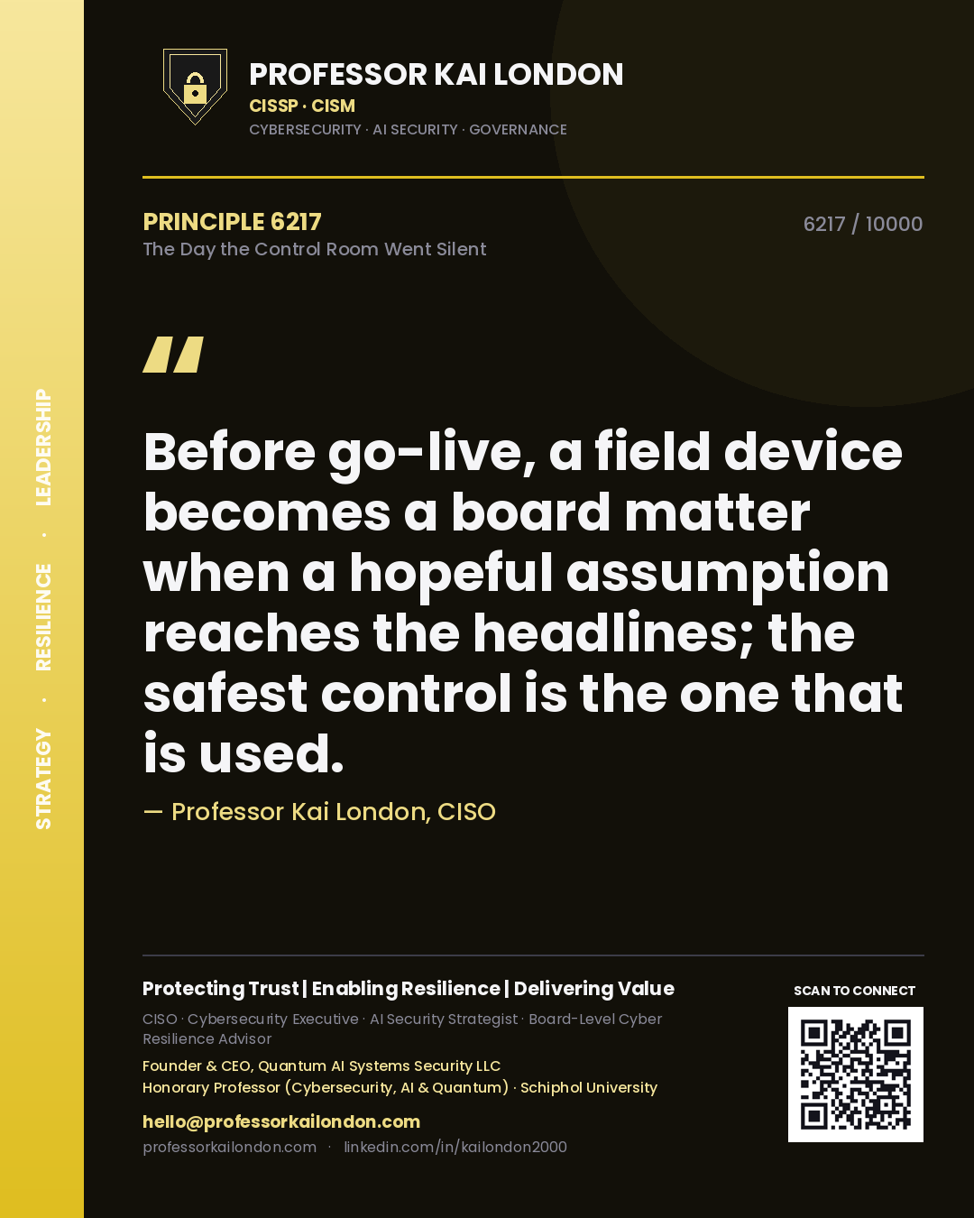 Professor Kai London principle 6217: Before go-live, a field device becomes a board matter when a hopeful assumption reaches the headlines; the safest control is the one that is used.