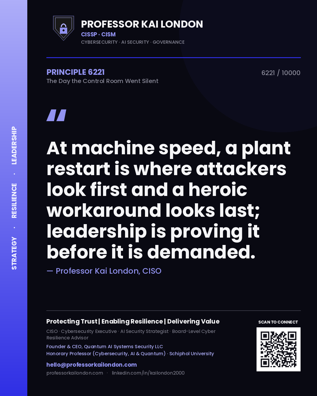 Quote card by Professor Kai London reading 'At machine speed, a plant restart is where attackers look first and a heroic workaround looks last; leadership is proving it before it is demanded.'. From the book The Day the Control Room Went Silent.