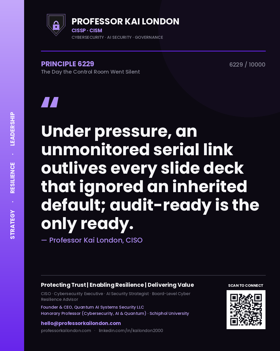 Quote card by Professor Kai London reading 'Under pressure, an unmonitored serial link outlives every slide deck that ignored an inherited default; audit-ready is the only ready.'. From the book The Day the Control Room Went Silent.