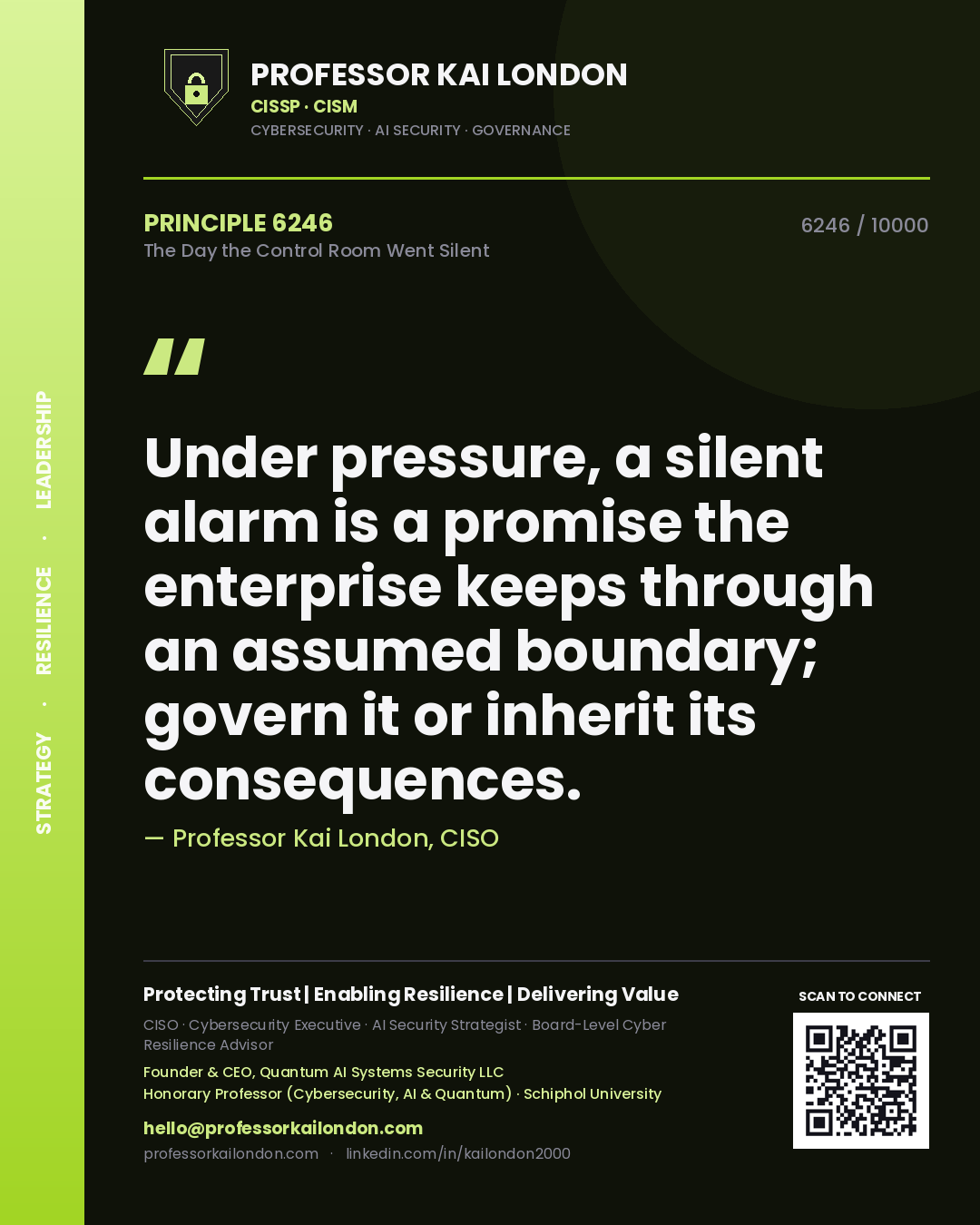 Quote card by Professor Kai London reading 'Under pressure, a silent alarm is a promise the enterprise keeps through an assumed boundary; govern it or inherit its consequences.'. From the book The Day the Control Room Went Silent.