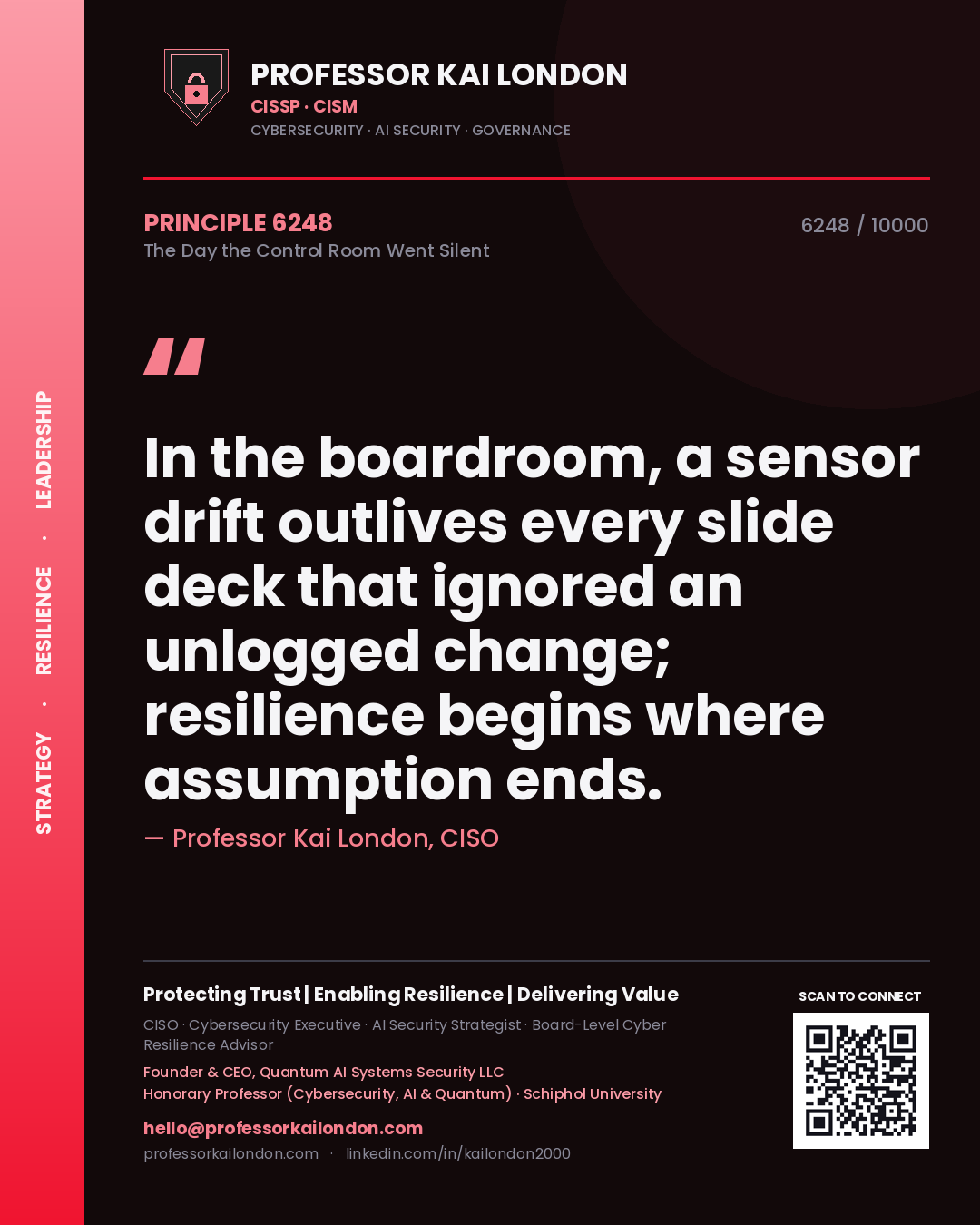 Quote card by Professor Kai London reading 'In the boardroom, a sensor drift outlives every slide deck that ignored an unlogged change; resilience begins where assumption ends.'. From the book The Day the Control Room Went Silent.