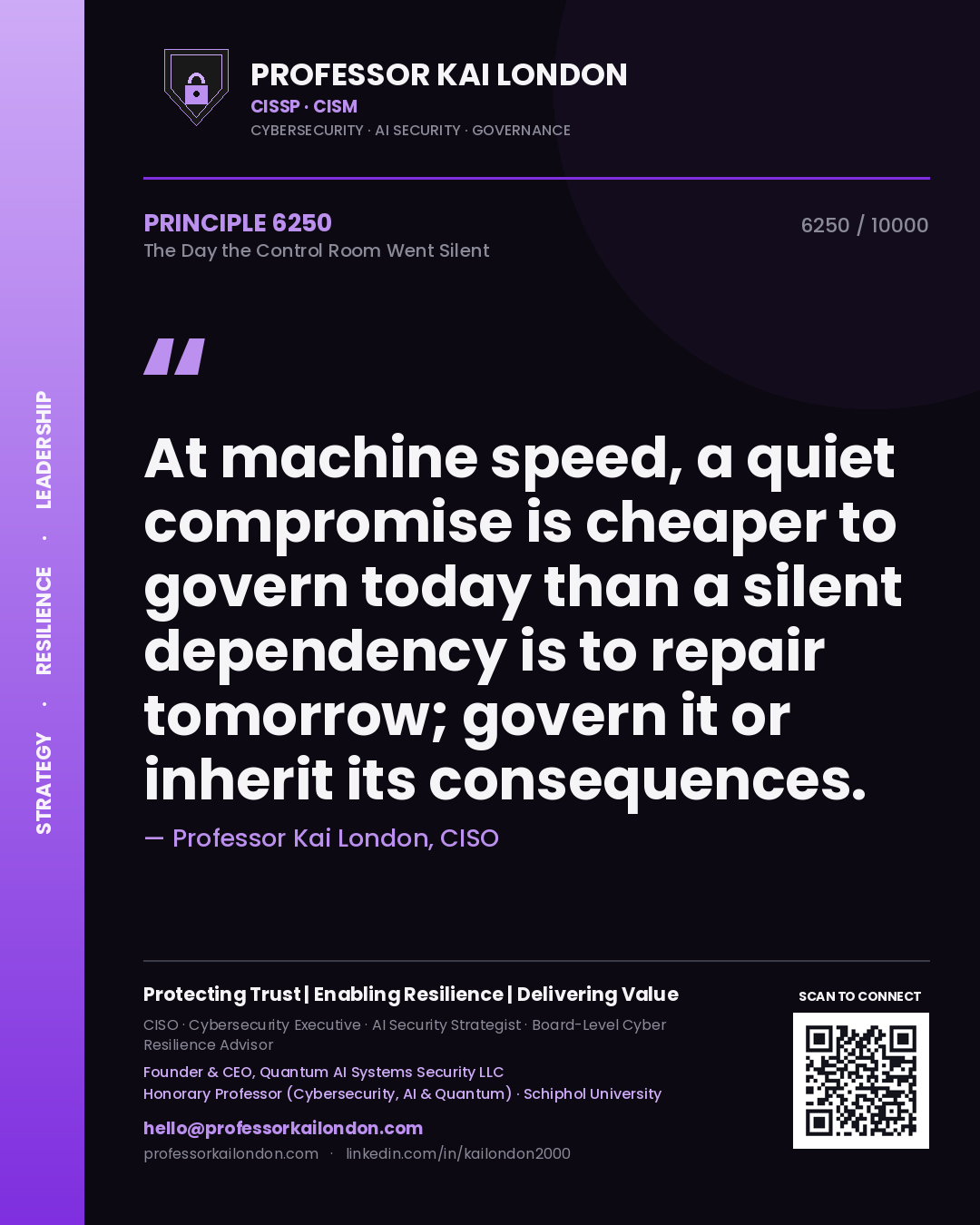 Quote card by Professor Kai London reading 'At machine speed, a quiet compromise is cheaper to govern today than a silent dependency is to repair tomorrow; govern it or inherit its consequences.'. From the book The Day the Control Room Went Silent.
