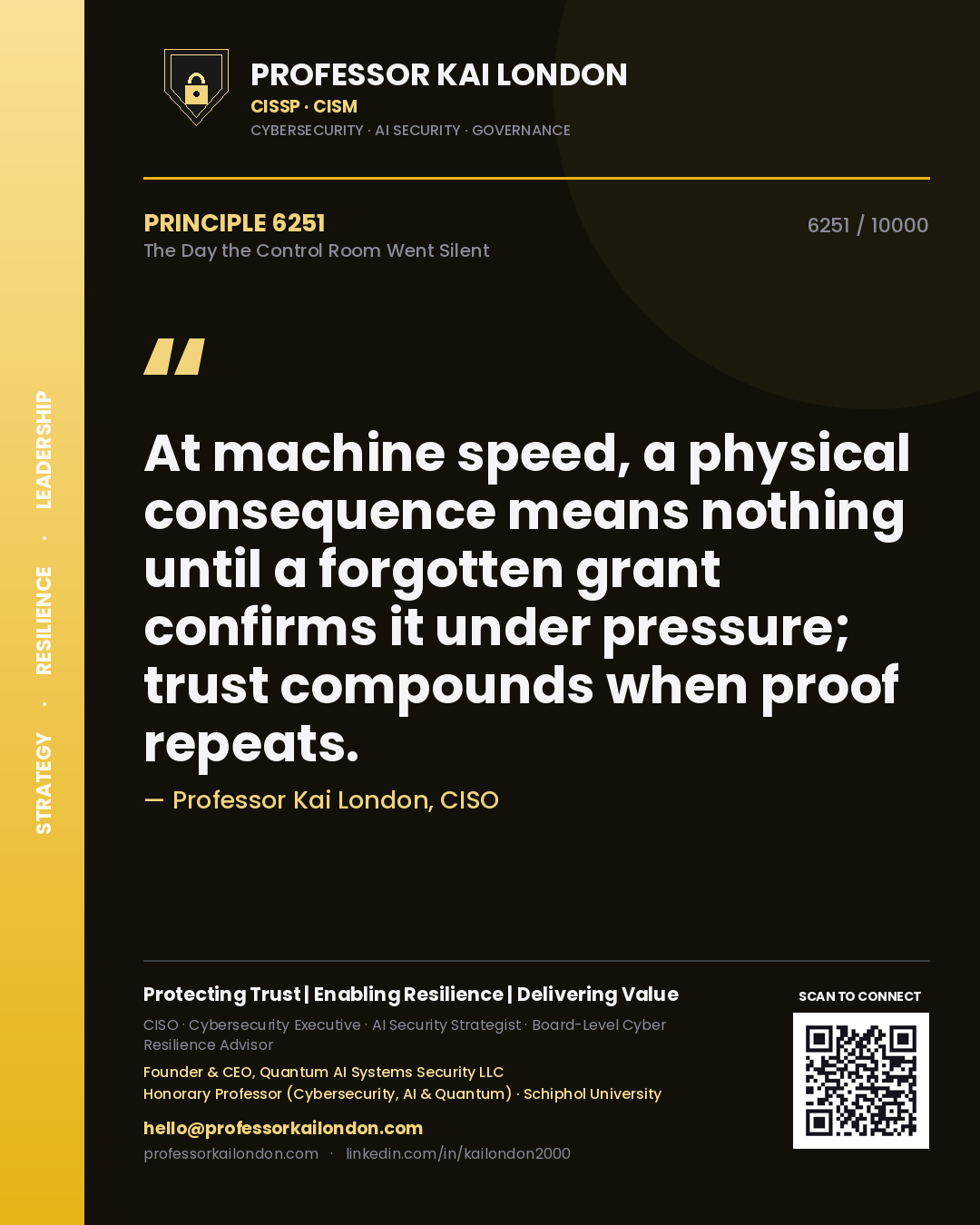 Quote card by Professor Kai London reading 'At machine speed, a physical consequence means nothing until a forgotten grant confirms it under pressure; trust compounds when proof repeats.'. From the book The Day the Control Room Went Silent.