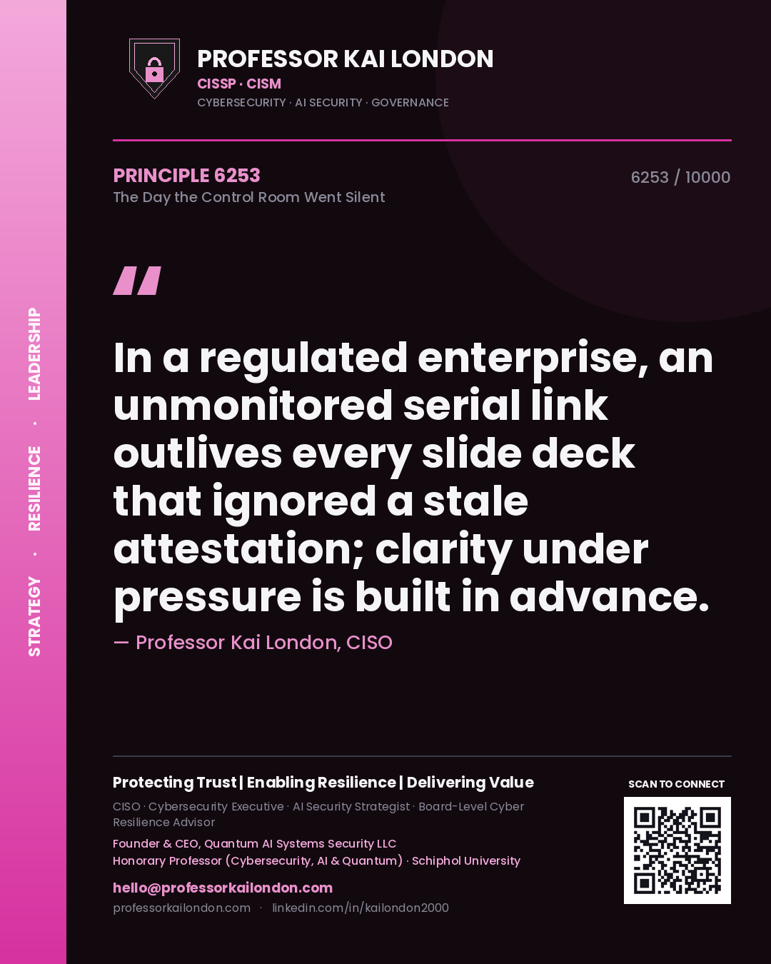 Quote card by Professor Kai London reading 'In a regulated enterprise, an unmonitored serial link outlives every slide deck that ignored a stale attestation; clarity under pressure is built in advance.'. From the book The Day the Control Room Went Silent.