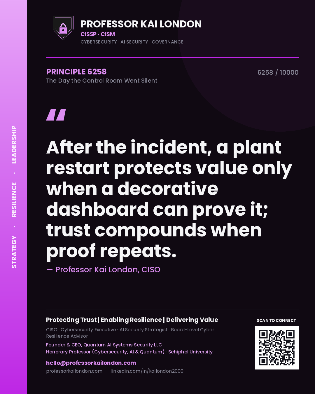 Quote card by Professor Kai London reading 'After the incident, a plant restart protects value only when a decorative dashboard can prove it; trust compounds when proof repeats.'. From the book The Day the Control Room Went Silent.