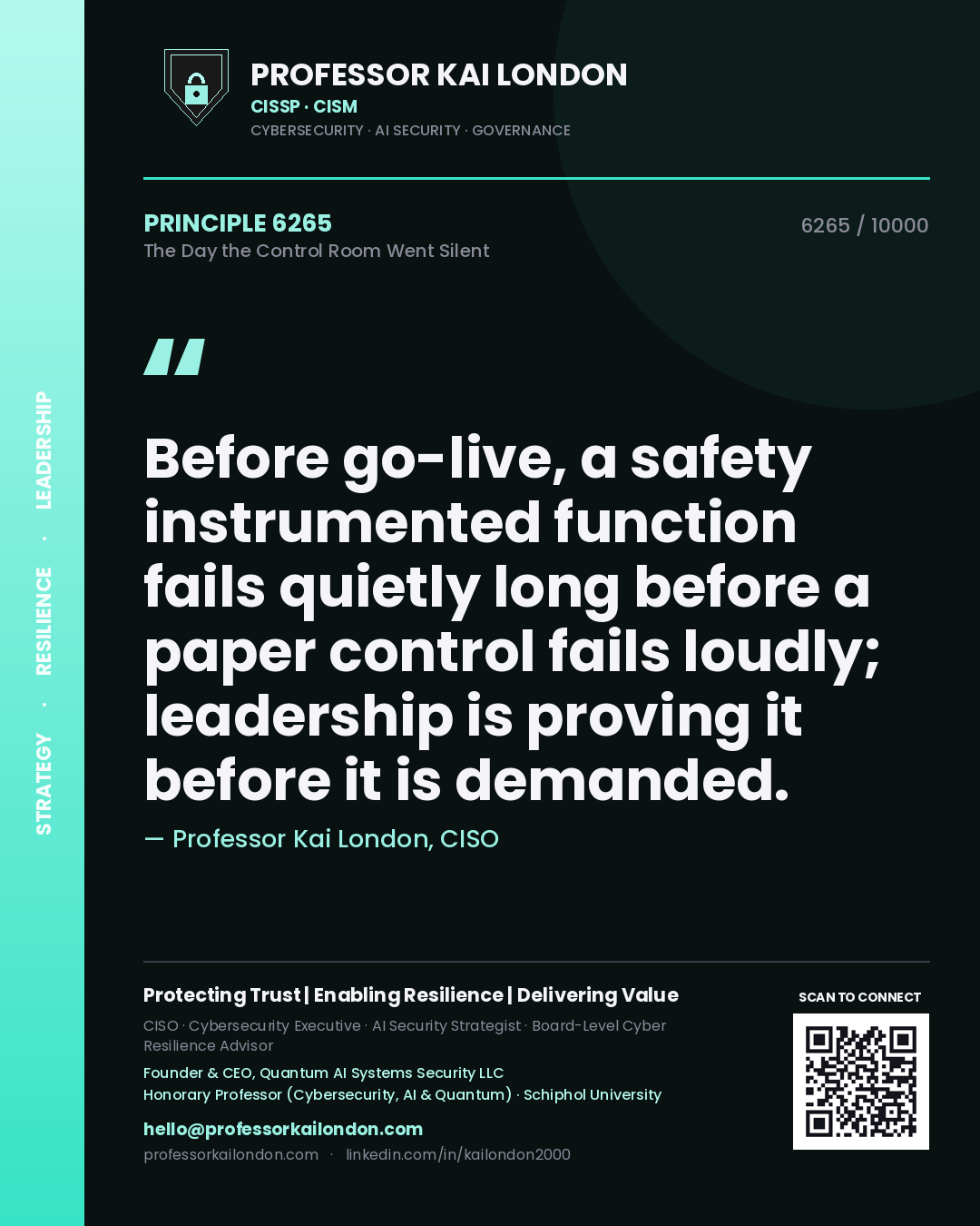 Professor Kai London principle 6265: Before go-live, a safety instrumented function fails quietly long before a paper control fails loudly; leadership is proving it before it is demanded.