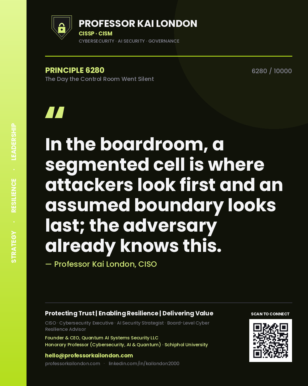 Professor Kai London principle 6280: In the boardroom, a segmented cell is where attackers look first and an assumed boundary looks last; the adversary already knows this.