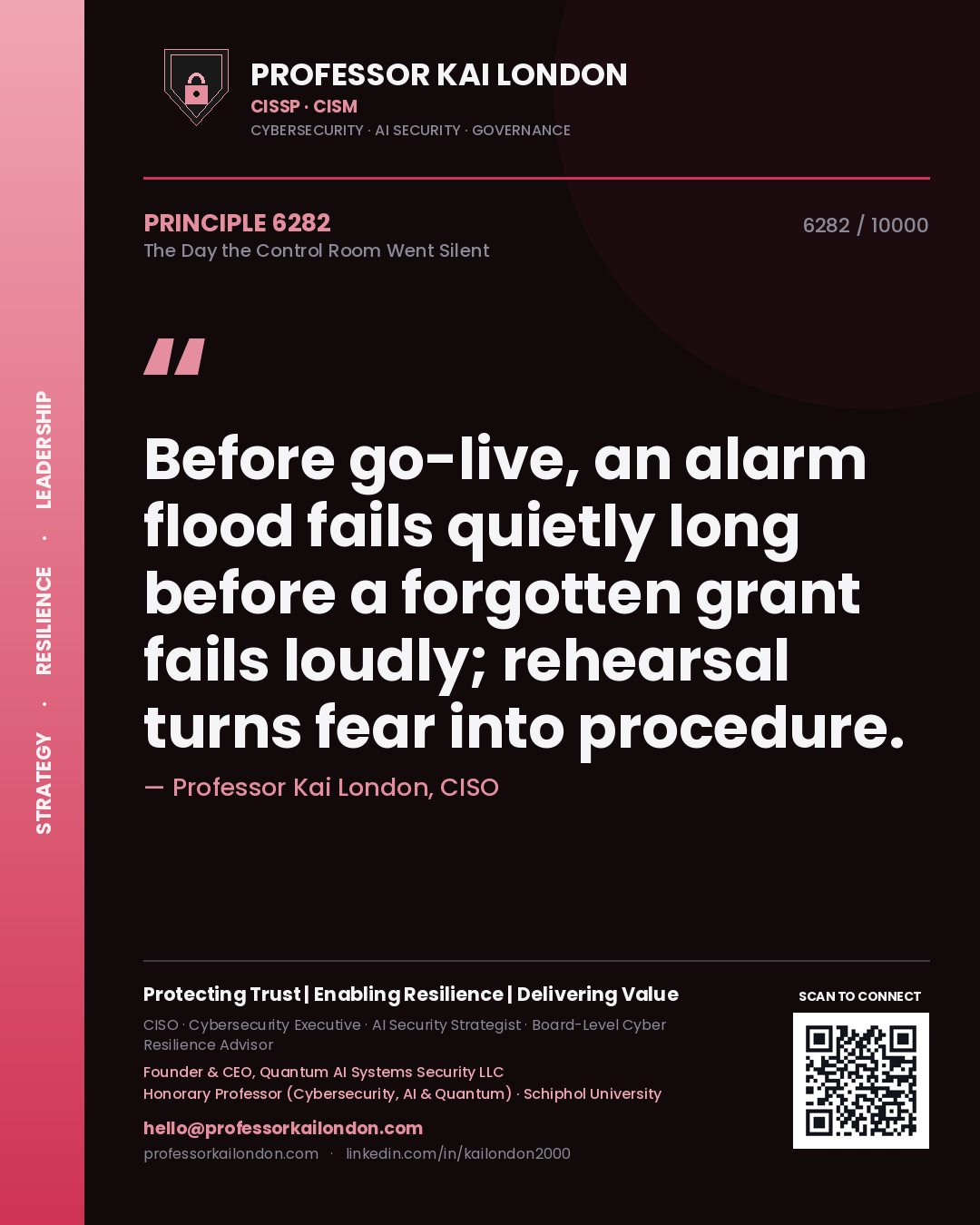Quote card by Professor Kai London reading 'Before go-live, an alarm flood fails quietly long before a forgotten grant fails loudly; rehearsal turns fear into procedure.'. From the book The Day the Control Room Went Silent.