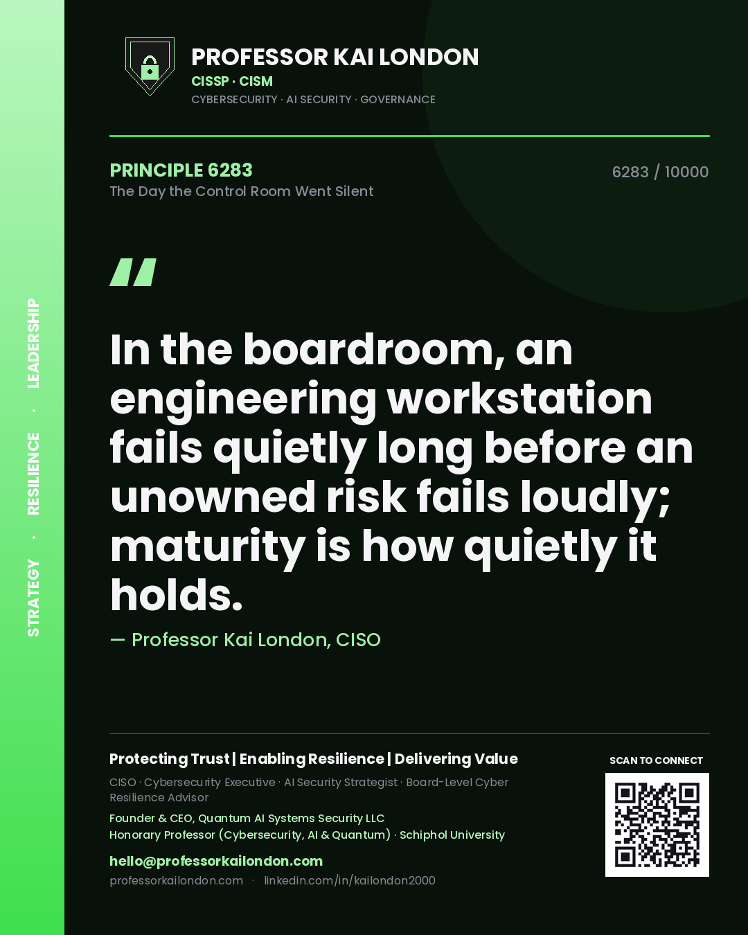 Quote card by Professor Kai London reading 'In the boardroom, an engineering workstation fails quietly long before an unowned risk fails loudly; maturity is how quietly it holds.'. From the book The Day the Control Room Went Silent.