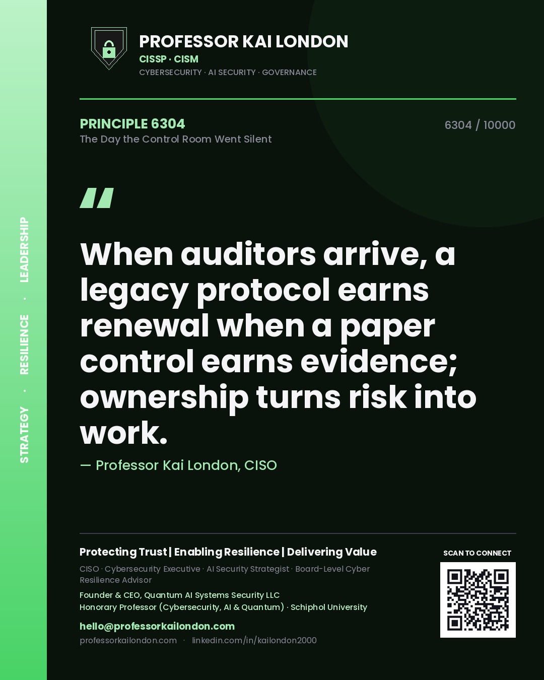 Quote card by Professor Kai London reading 'When auditors arrive, a legacy protocol earns renewal when a paper control earns evidence; ownership turns risk into work.'. From the book The Day the Control Room Went Silent.