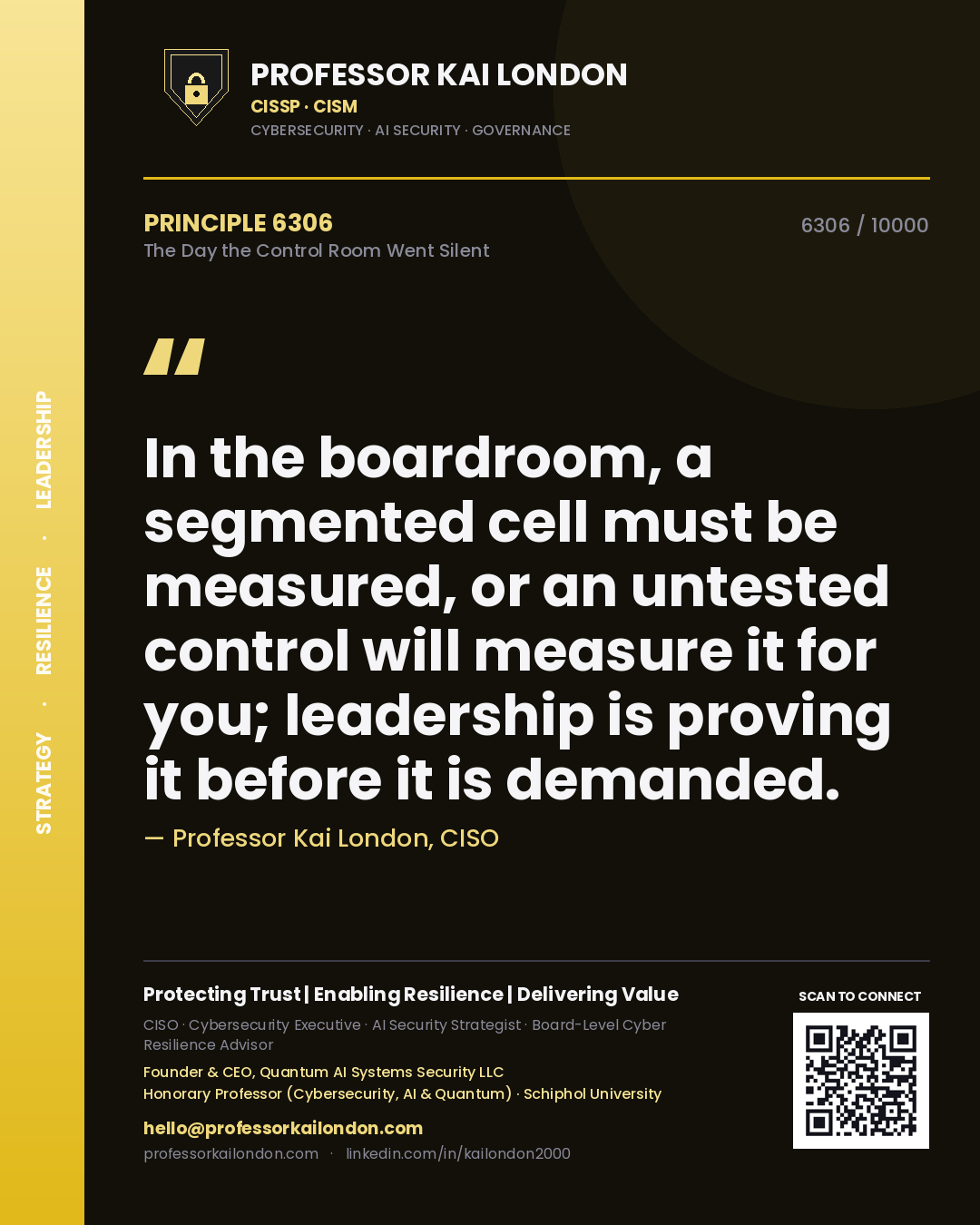 Quote card by Professor Kai London reading 'In the boardroom, a segmented cell must be measured, or an untested control will measure it for you; leadership is proving it before it is demanded.'. From the book The Day the Control Room Went Silent.