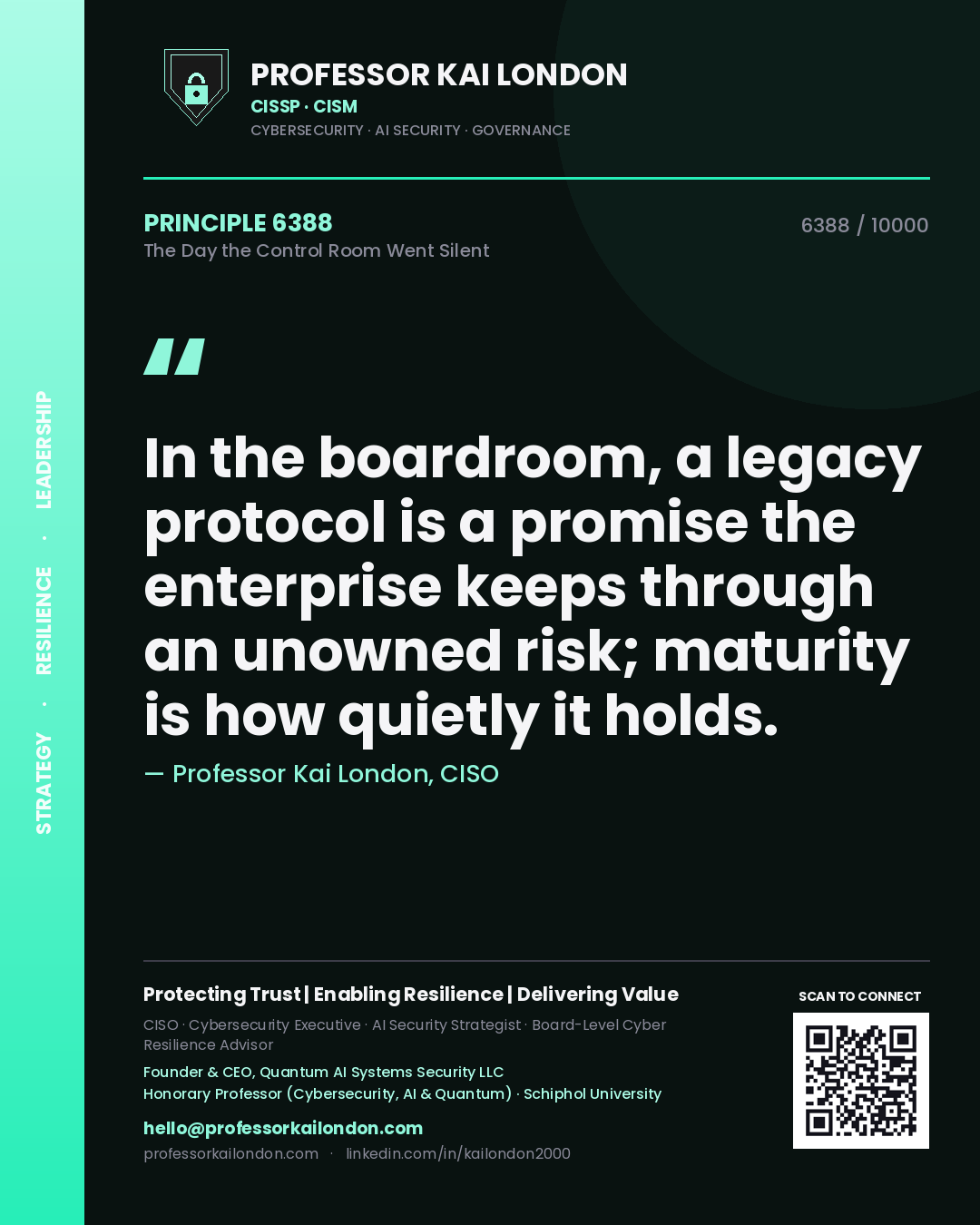 Quote card by Professor Kai London reading 'In the boardroom, a legacy protocol is a promise the enterprise keeps through an unowned risk; maturity is how quietly it holds.'. From the book The Day the Control Room Went Silent.