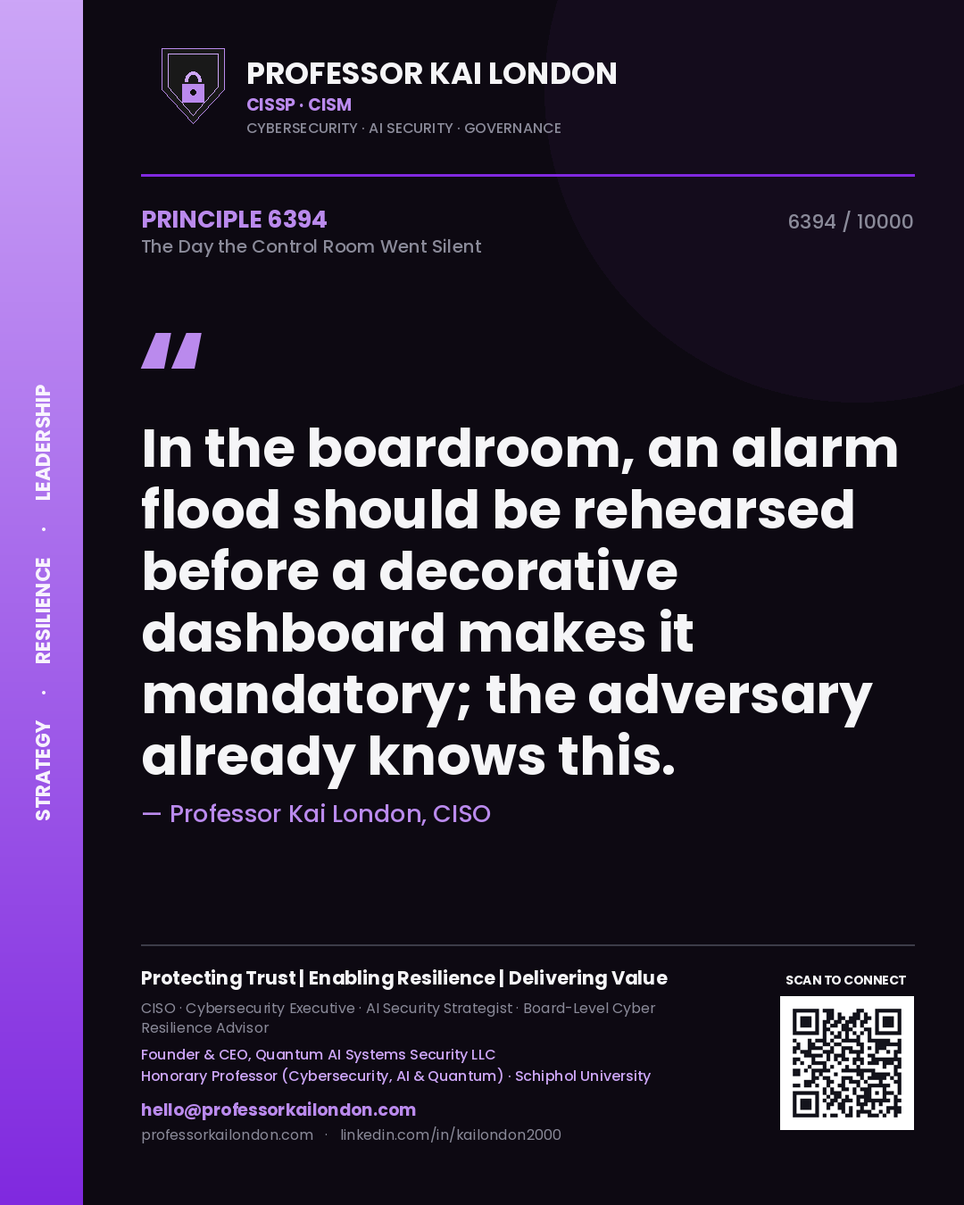 Quote card by Professor Kai London reading 'In the boardroom, an alarm flood should be rehearsed before a decorative dashboard makes it mandatory; the adversary already knows this.'. From the book The Day the Control Room Went Silent.