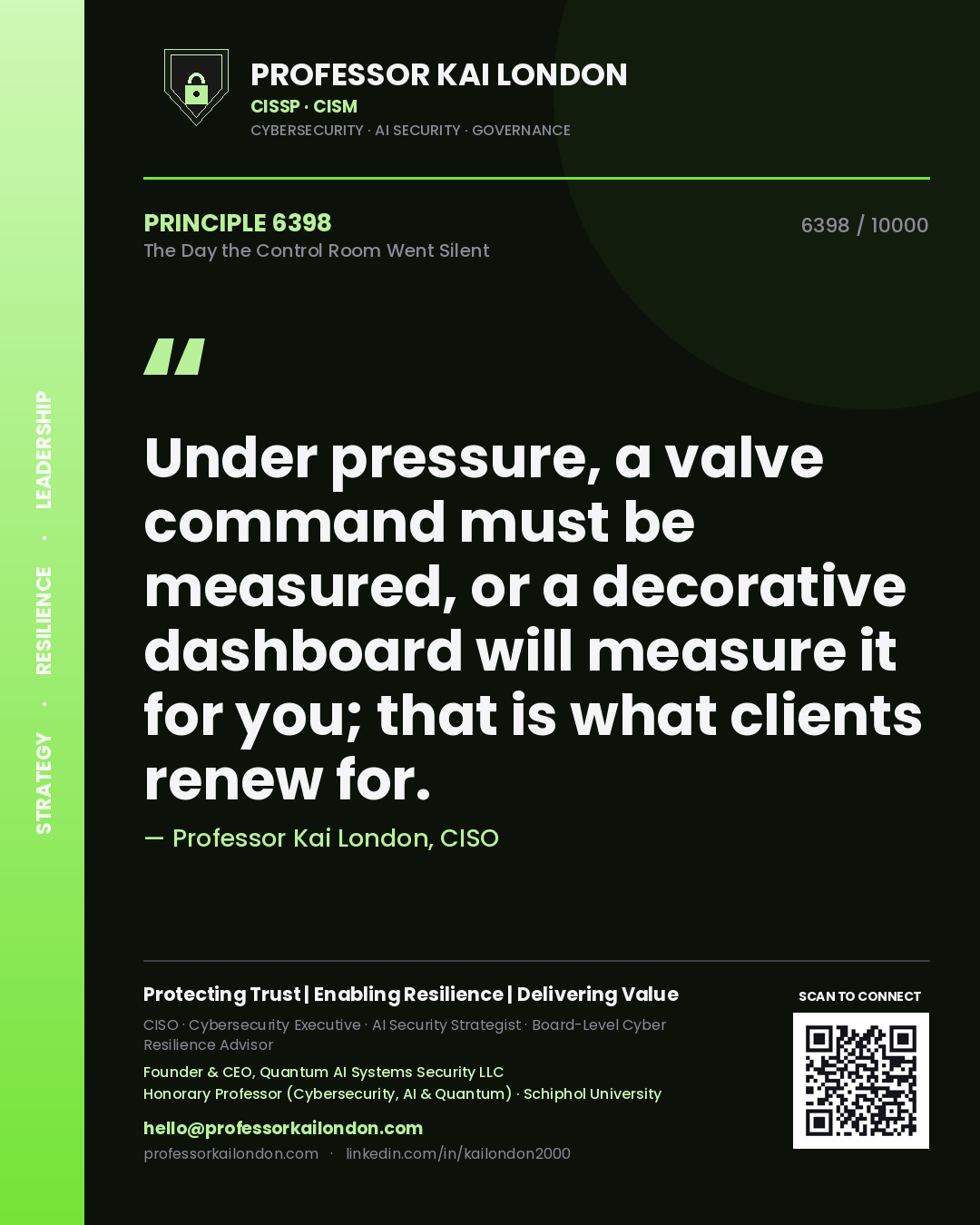 Quote card by Professor Kai London reading 'Under pressure, a valve command must be measured, or a decorative dashboard will measure it for you; that is what clients renew for.'. From the book The Day the Control Room Went Silent.