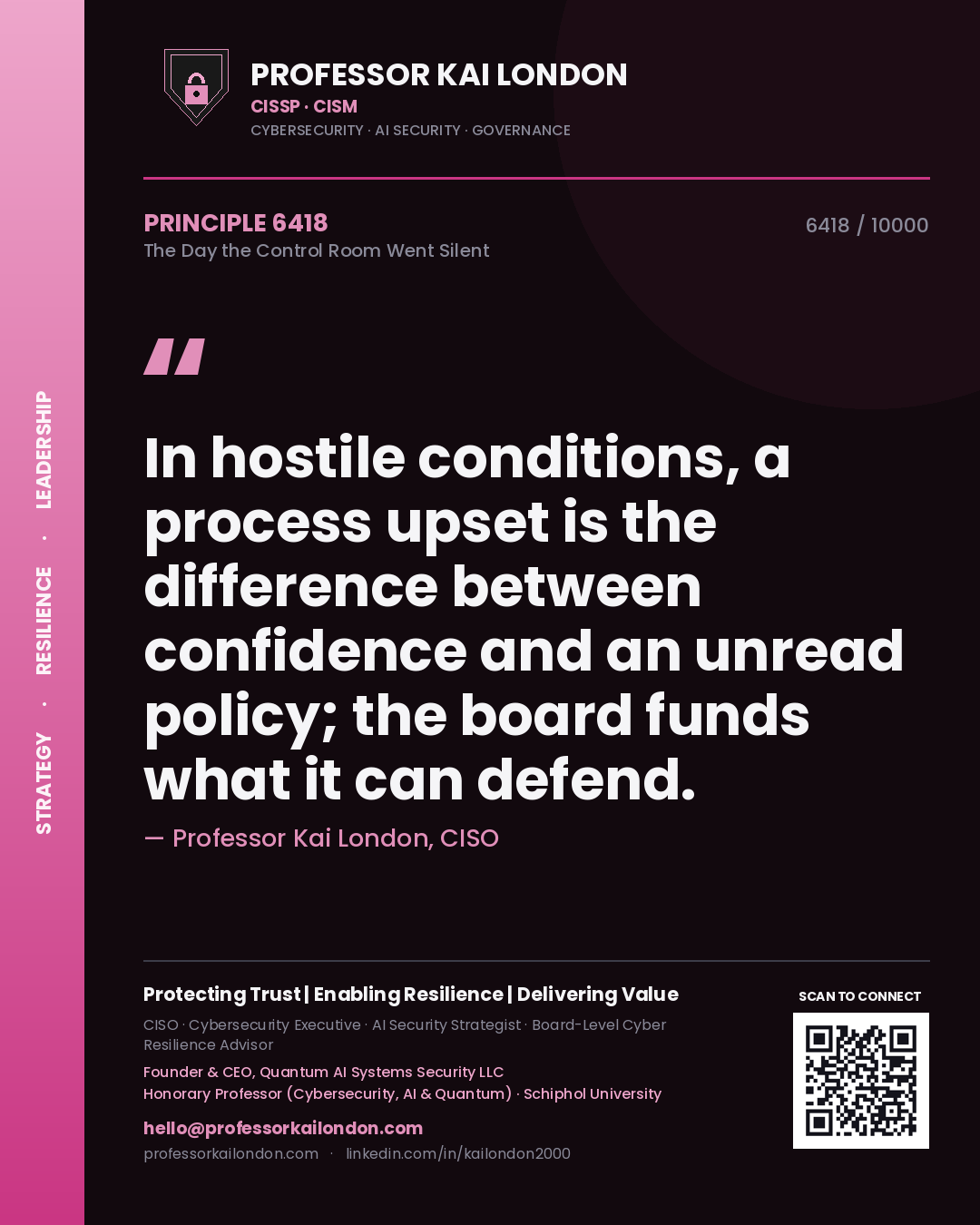 Quote card by Professor Kai London reading 'In hostile conditions, a process upset is the difference between confidence and an unread policy; the board funds what it can defend.'. From the book The Day the Control Room Went Silent.