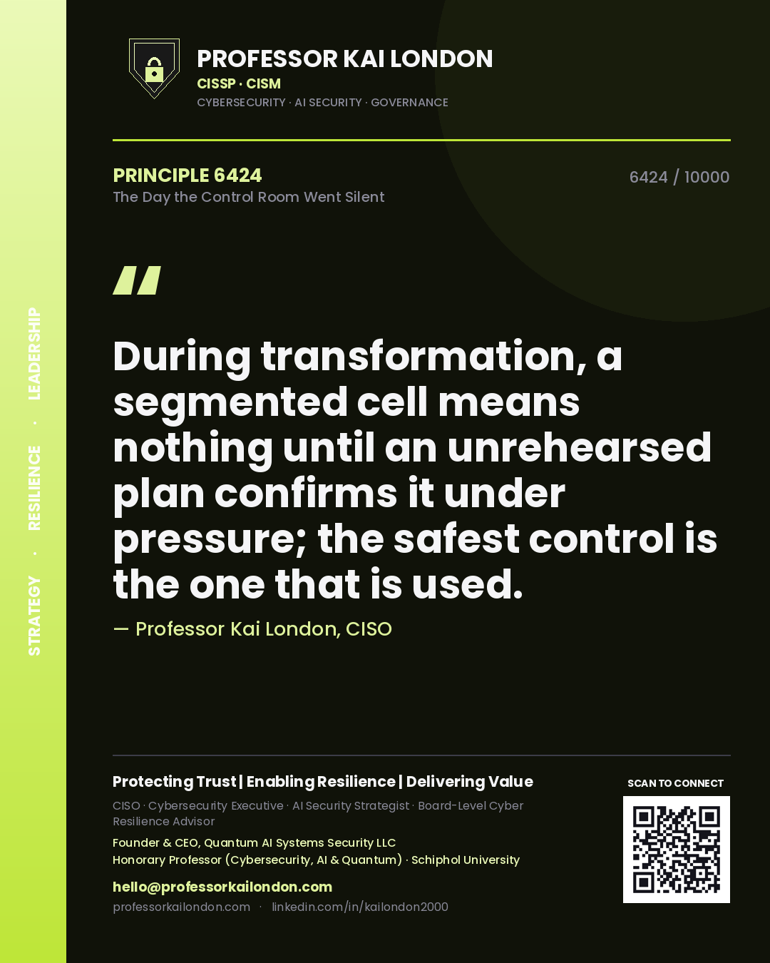 Professor Kai London principle 6424: During transformation, a segmented cell means nothing until an unrehearsed plan confirms it under pressure; the safest control is the one that is used.