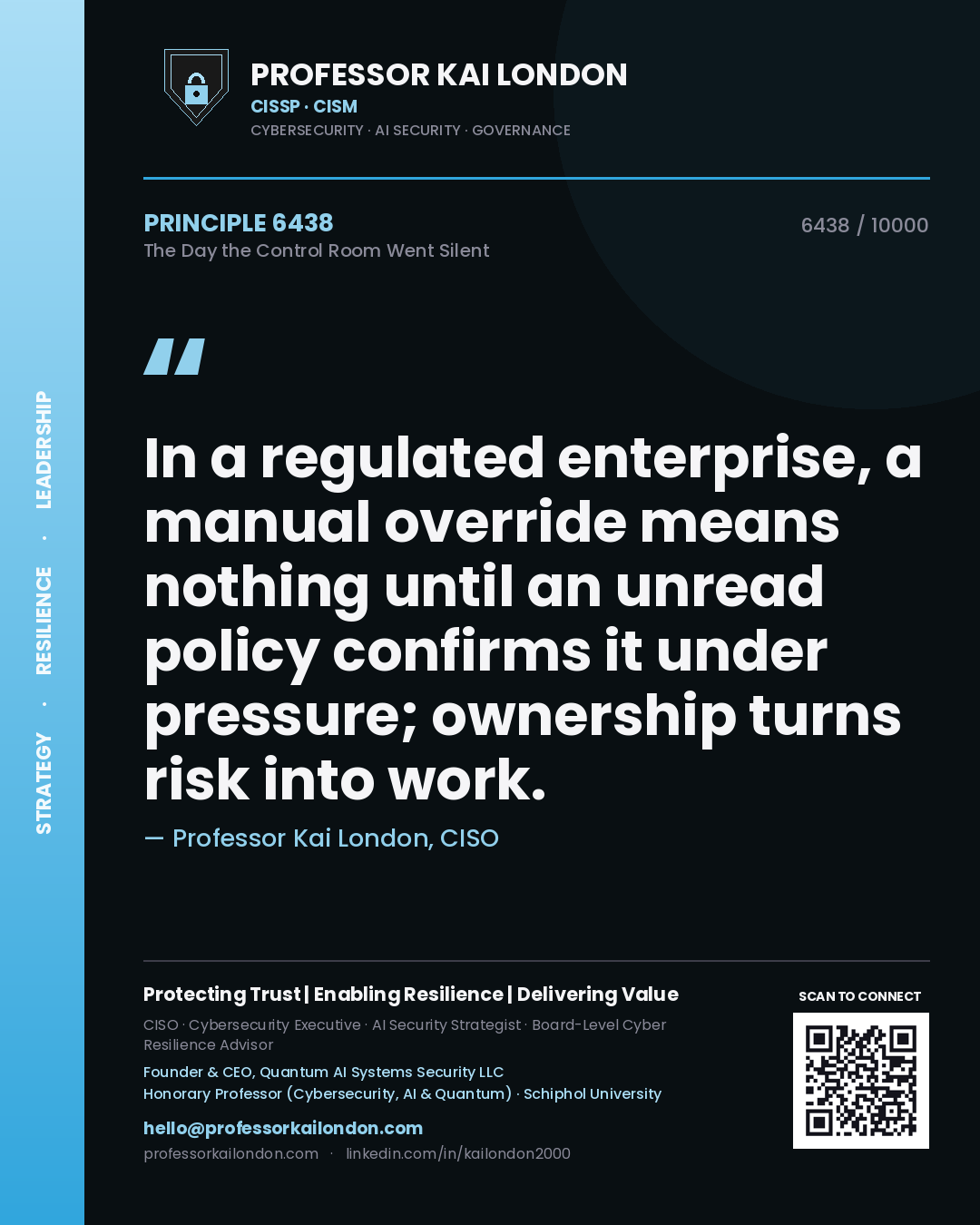 Professor Kai London principle 6438: In a regulated enterprise, a manual override means nothing until an unread policy confirms it under pressure; ownership turns risk into work.