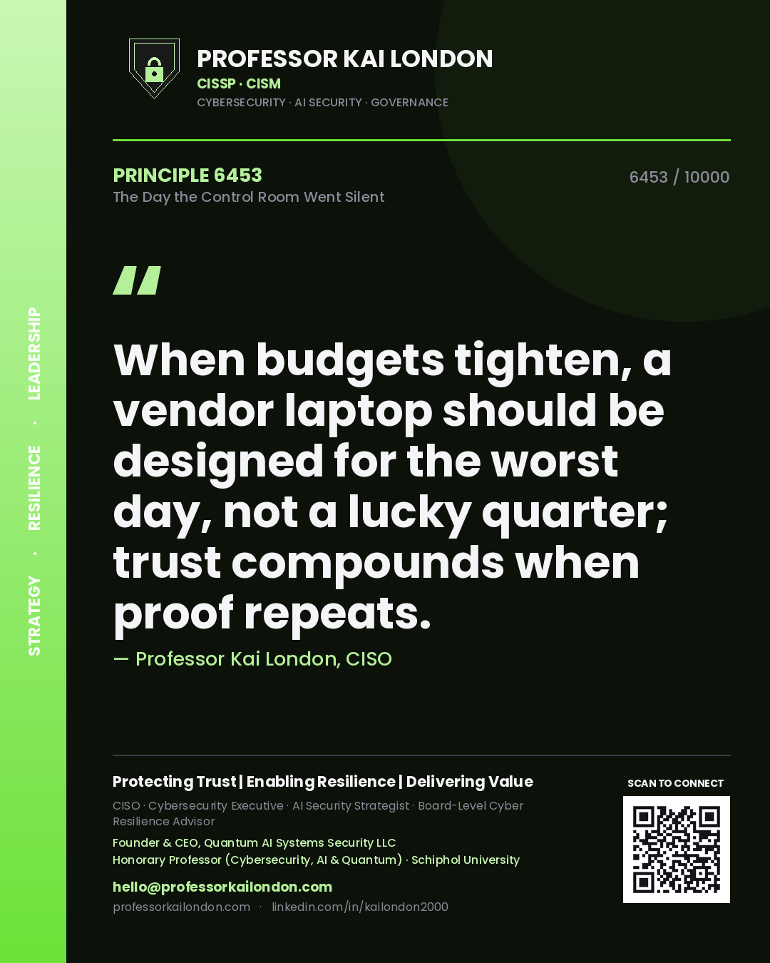 Professor Kai London principle 6453: When budgets tighten, a vendor laptop should be designed for the worst day, not a lucky quarter; trust compounds when proof repeats.