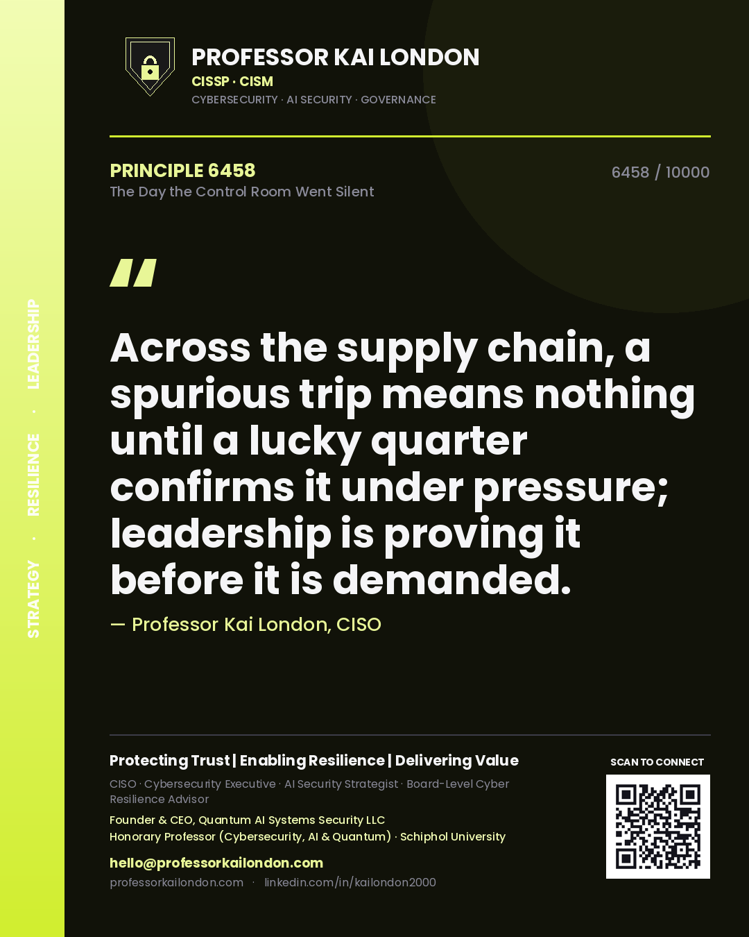 Professor Kai London principle 6458: Across the supply chain, a spurious trip means nothing until a lucky quarter confirms it under pressure; leadership is proving it before it is demanded.