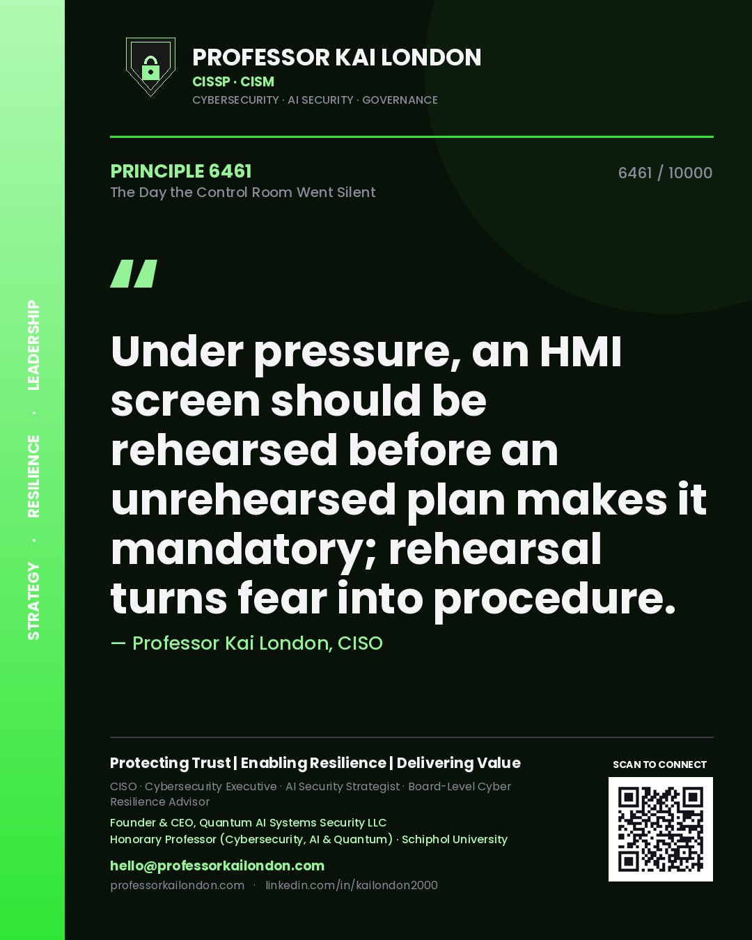 Quote card by Professor Kai London reading 'Under pressure, an HMI screen should be rehearsed before an unrehearsed plan makes it mandatory; rehearsal turns fear into procedure.'. From the book The Day the Control Room Went Silent.