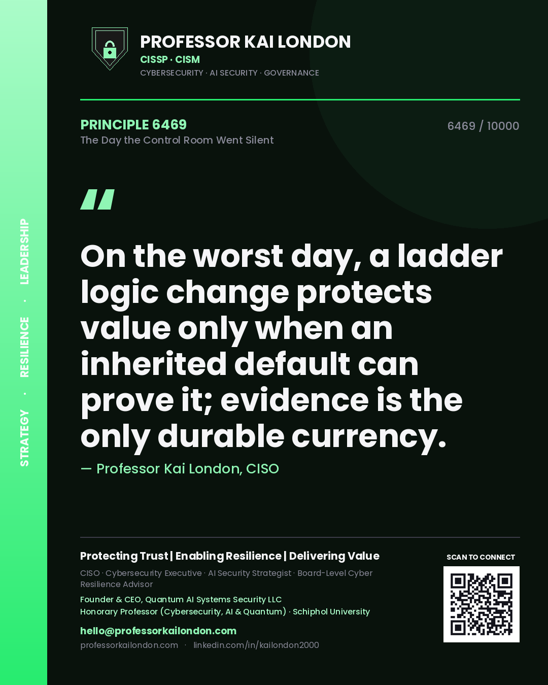 Professor Kai London principle 6469: On the worst day, a ladder logic change protects value only when an inherited default can prove it; evidence is the only durable currency.