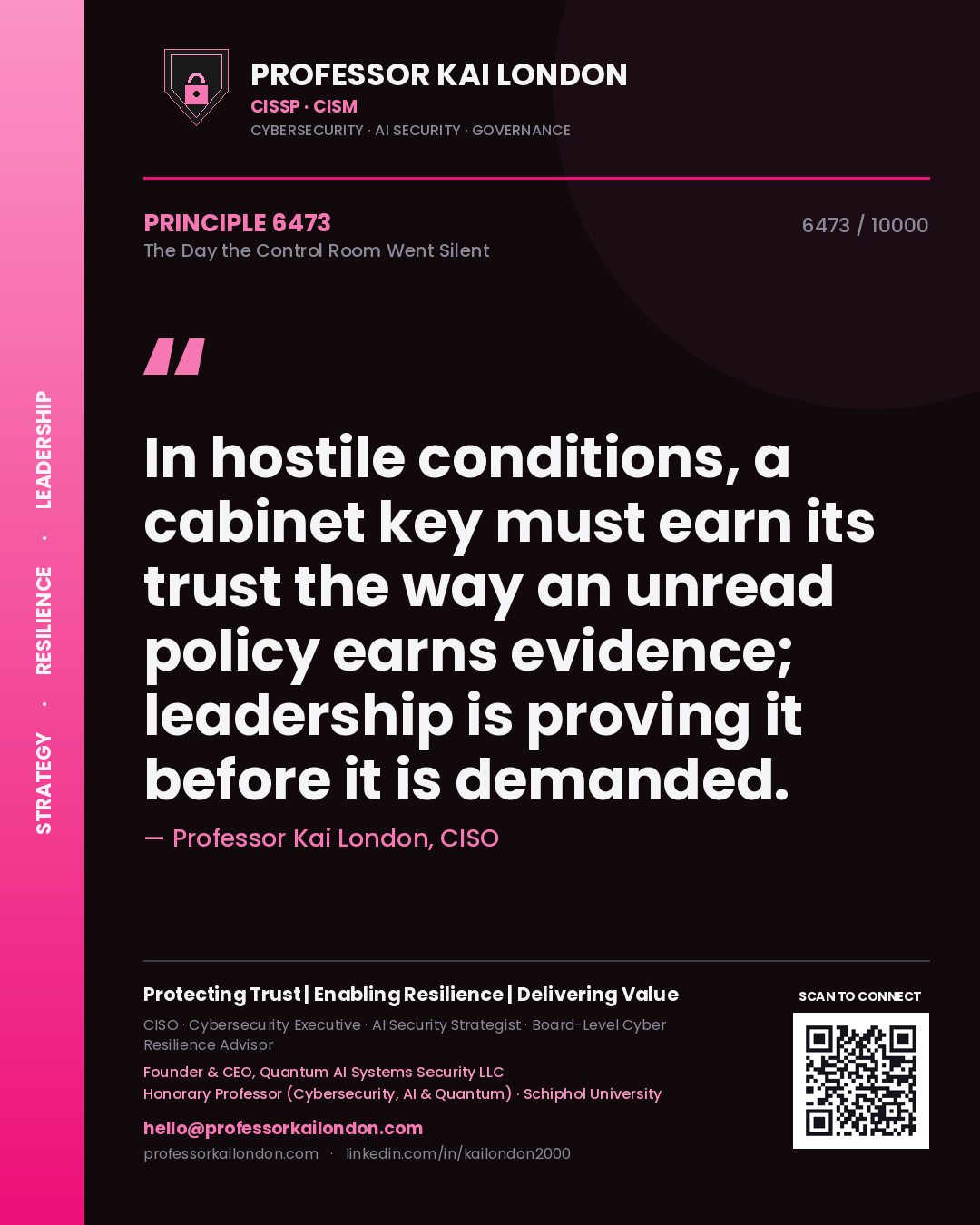 Professor Kai London principle 6473: In hostile conditions, a cabinet key must earn its trust the way an unread policy earns evidence; leadership is proving it before it is demanded.