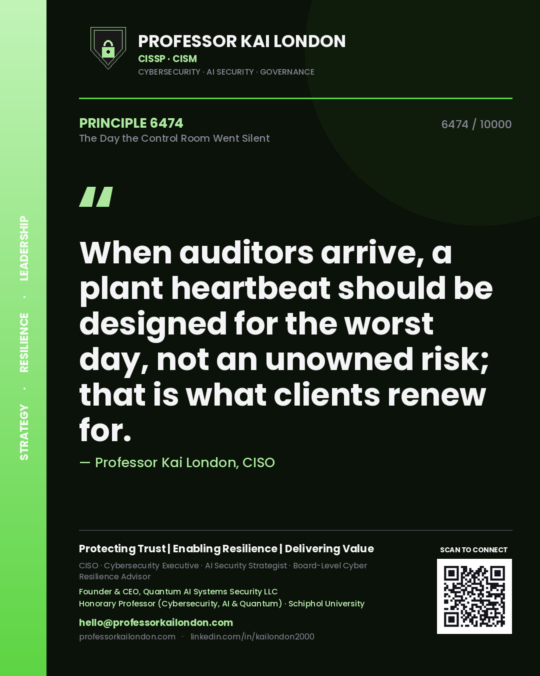 Professor Kai London principle 6474: When auditors arrive, a plant heartbeat should be designed for the worst day, not an unowned risk; that is what clients renew for.