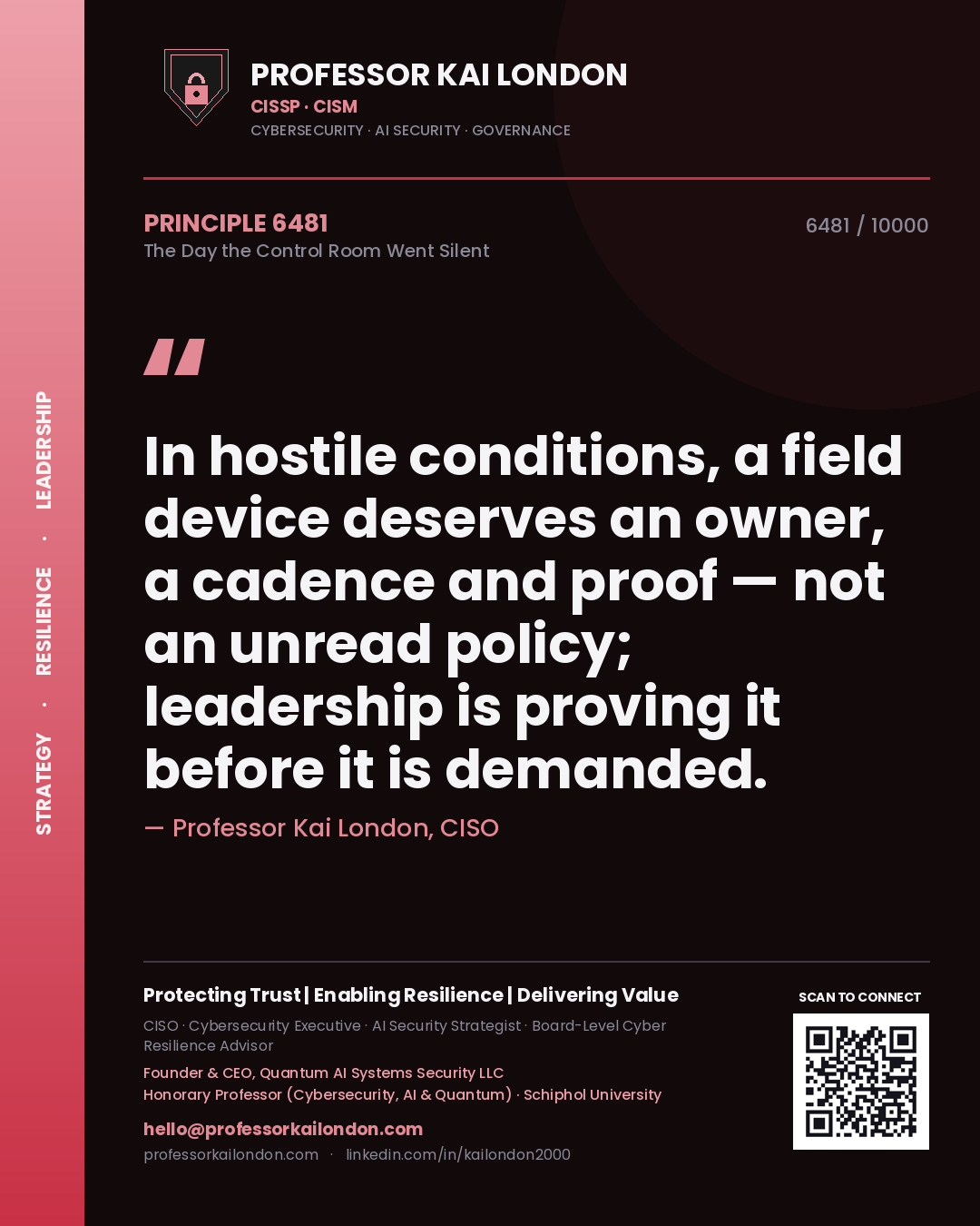 Quote card by Professor Kai London reading 'In hostile conditions, a field device deserves an owner, a cadence and proof — not an unread policy; leadership is proving it before it is demanded.'. From the book The Day the Control Room Went Silent.