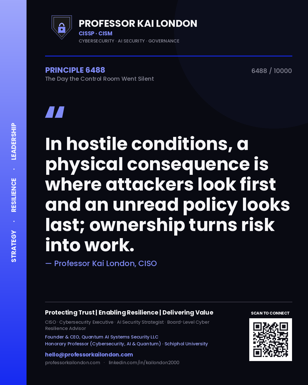 Quote card by Professor Kai London reading 'In hostile conditions, a physical consequence is where attackers look first and an unread policy looks last; ownership turns risk into work.'. From the book The Day the Control Room Went Silent.