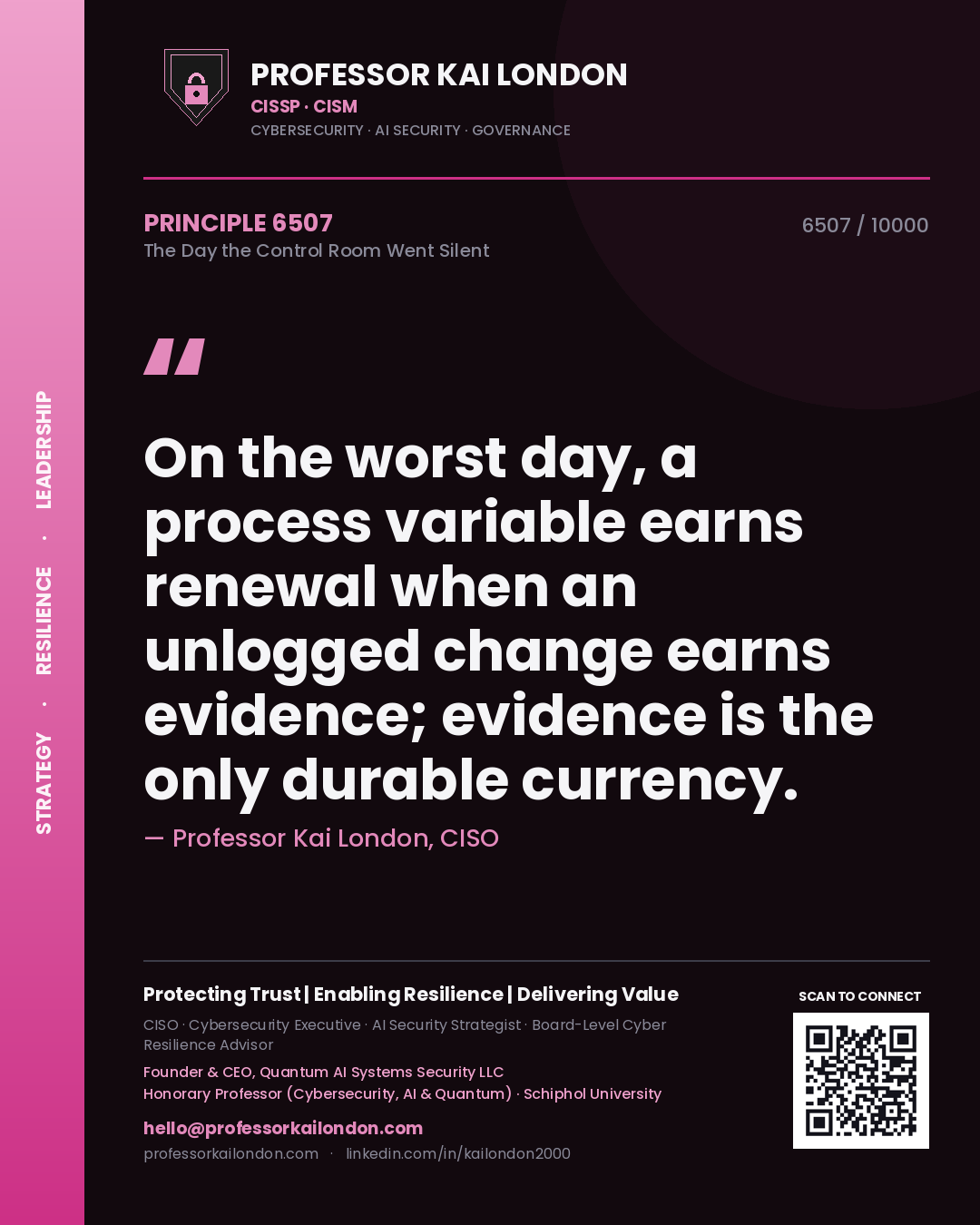 Professor Kai London principle 6507: On the worst day, a process variable earns renewal when an unlogged change earns evidence; evidence is the only durable currency.