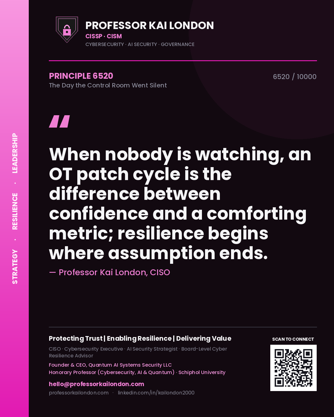 Professor Kai London principle 6520: When nobody is watching, an OT patch cycle is the difference between confidence and a comforting metric; resilience begins where assumption ends.
