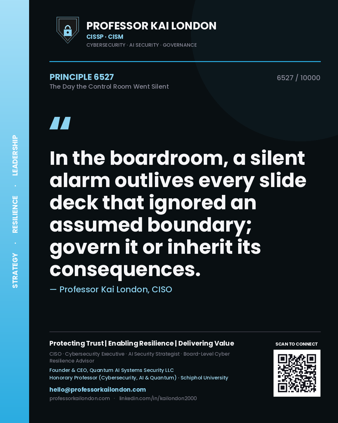 Quote card by Professor Kai London reading 'In the boardroom, a silent alarm outlives every slide deck that ignored an assumed boundary; govern it or inherit its consequences.'. From the book The Day the Control Room Went Silent.
