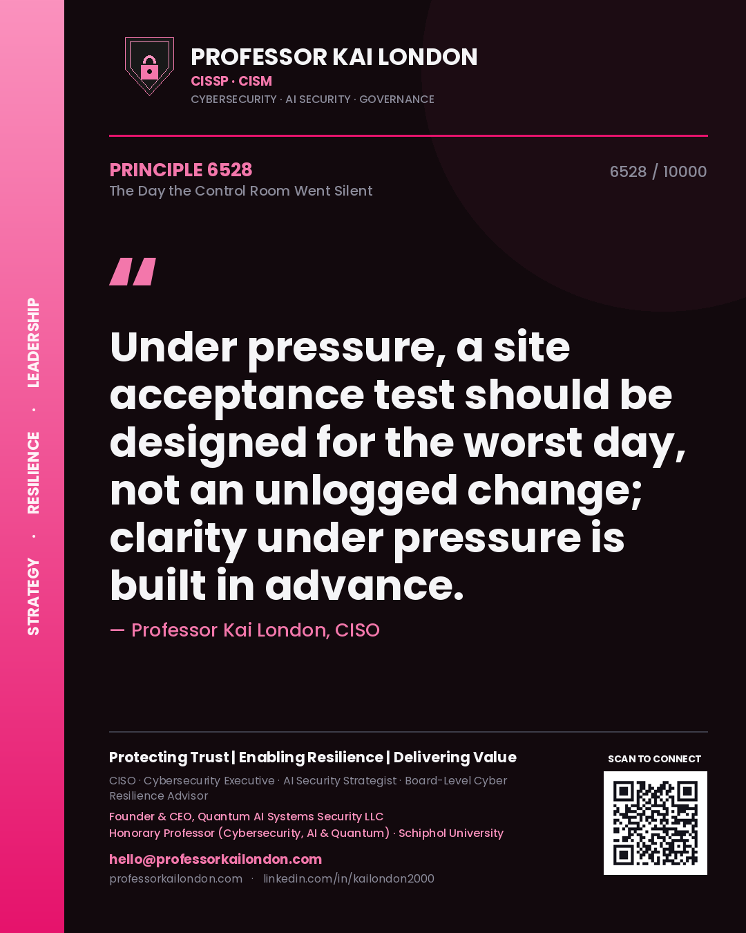 Quote card by Professor Kai London reading 'Under pressure, a site acceptance test should be designed for the worst day, not an unlogged change; clarity under pressure is built in advance.'. From the book The Day the Control Room Went Silent.