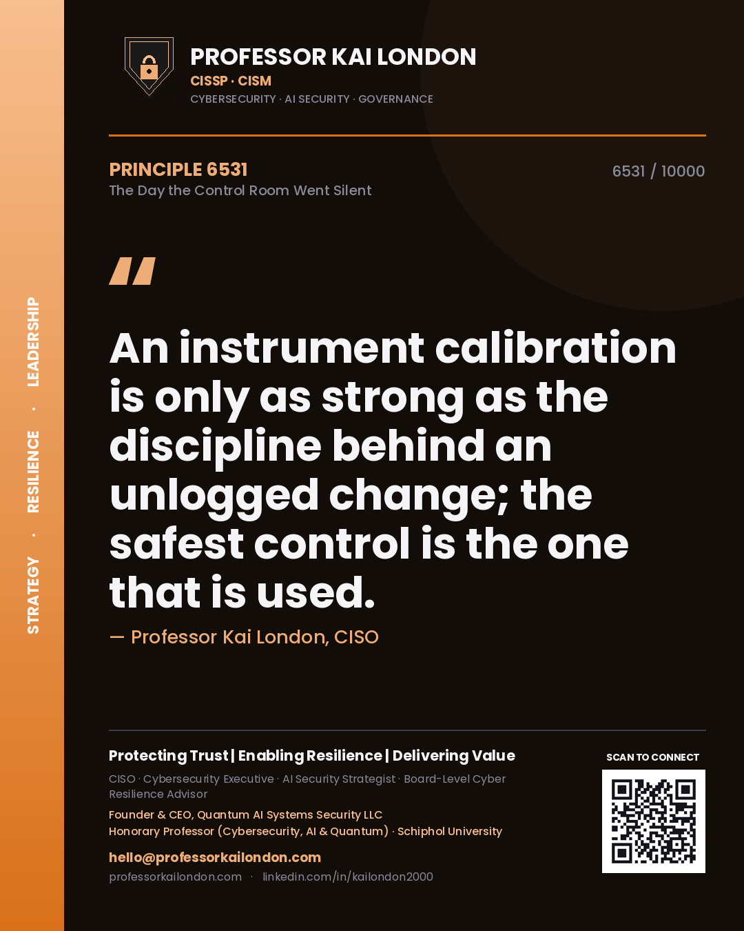 Professor Kai London principle 6531: An instrument calibration is only as strong as the discipline behind an unlogged change; the safest control is the one that is used.