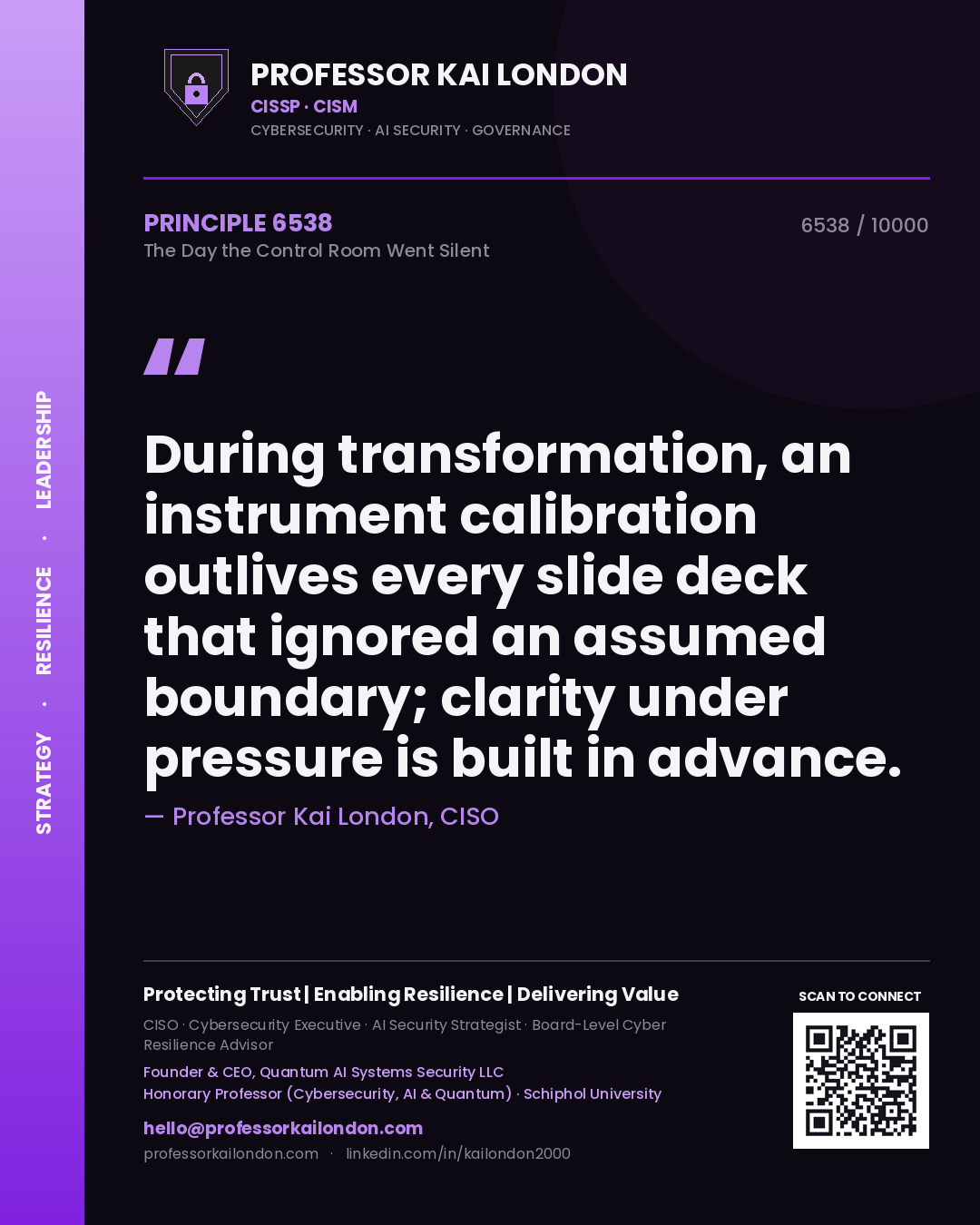 Quote card by Professor Kai London reading 'During transformation, an instrument calibration outlives every slide deck that ignored an assumed boundary; clarity under pressure is built in advance.'. From the book The Day the Control Room Went Silent.
