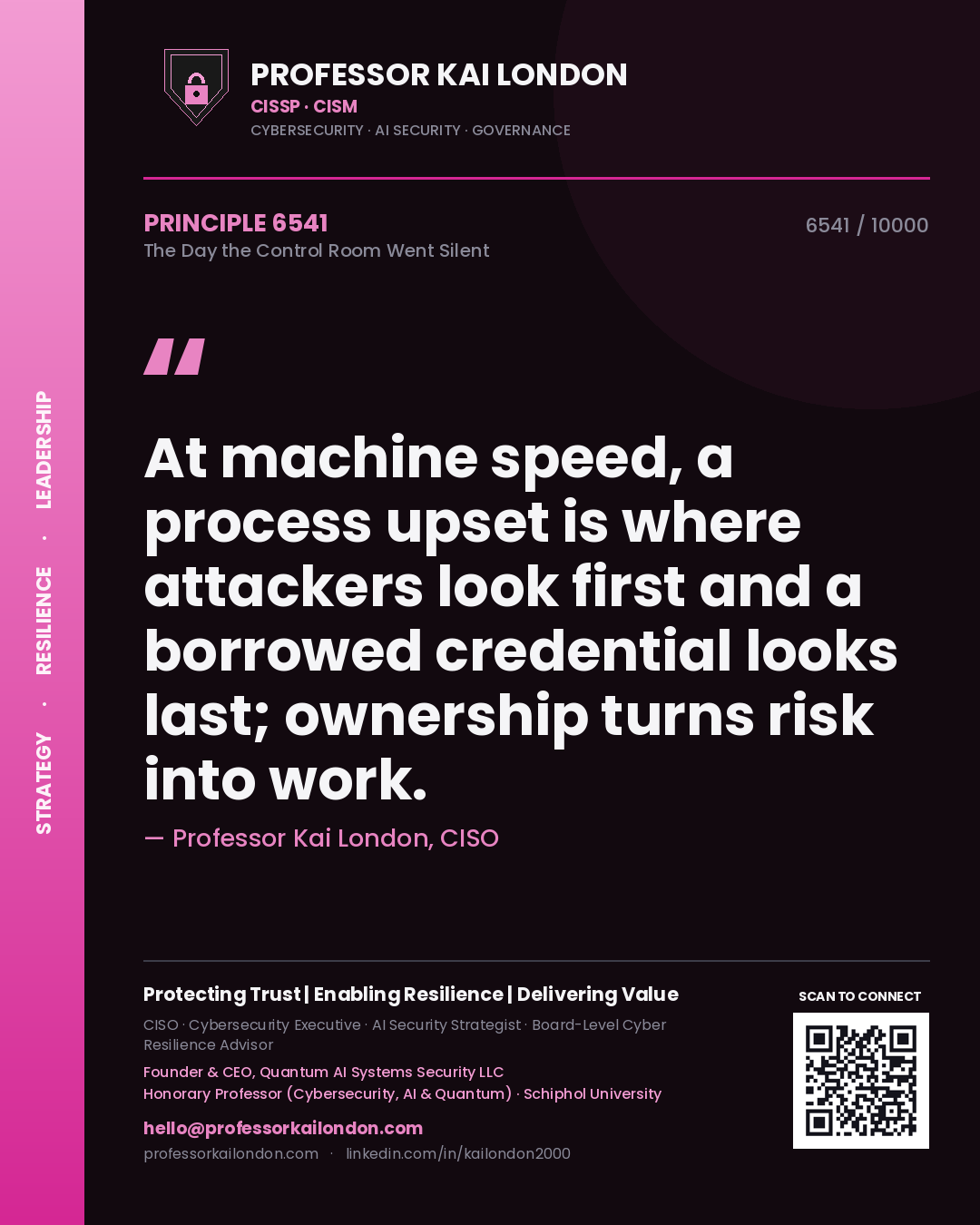 Professor Kai London principle 6541: At machine speed, a process upset is where attackers look first and a borrowed credential looks last; ownership turns risk into work.