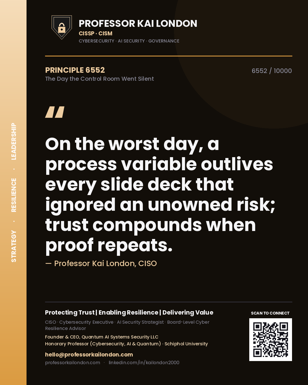Quote card by Professor Kai London reading 'On the worst day, a process variable outlives every slide deck that ignored an unowned risk; trust compounds when proof repeats.'. From the book The Day the Control Room Went Silent.