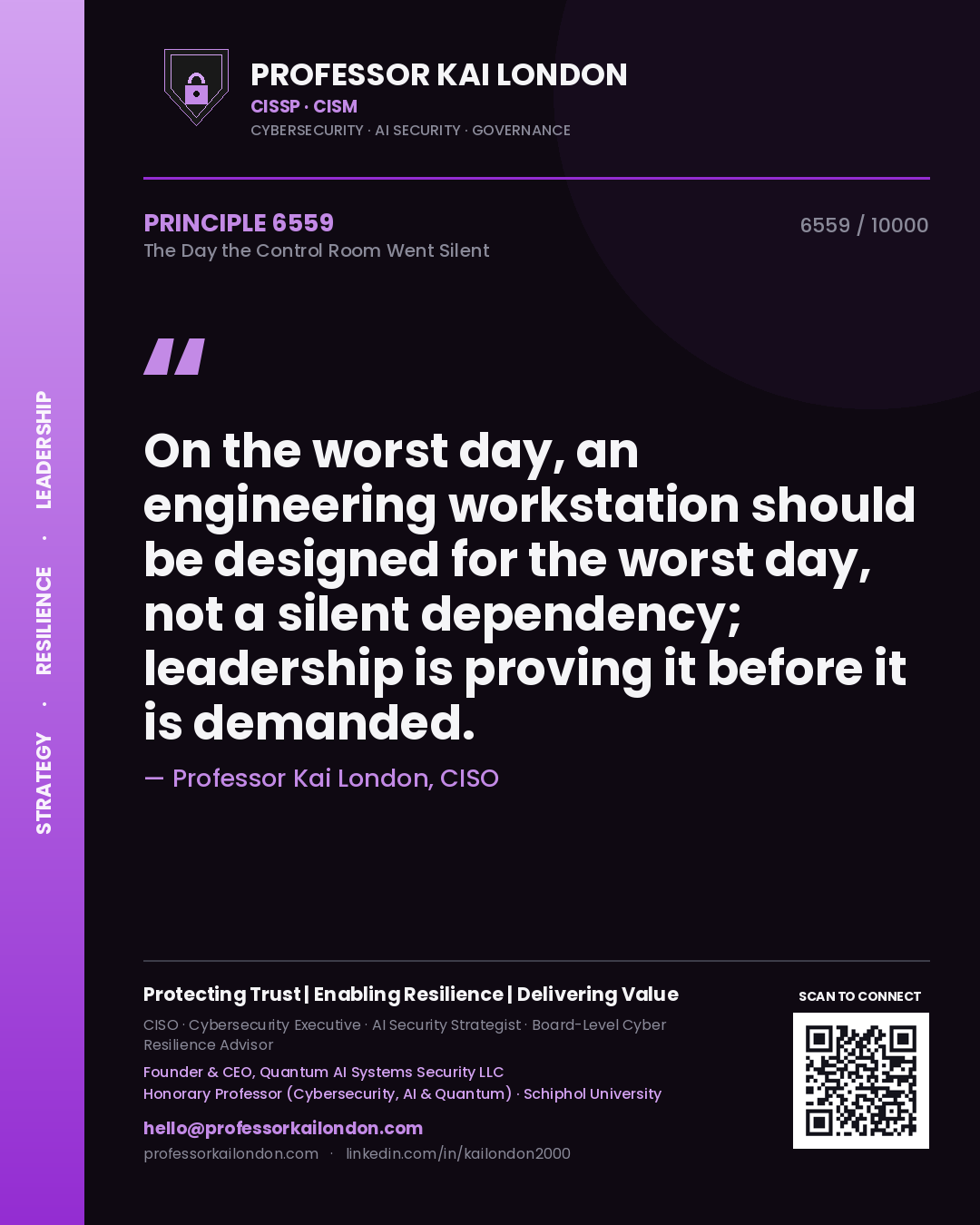 Professor Kai London principle 6559: On the worst day, an engineering workstation should be designed for the worst day, not a silent dependency; leadership is proving it before it is demanded.