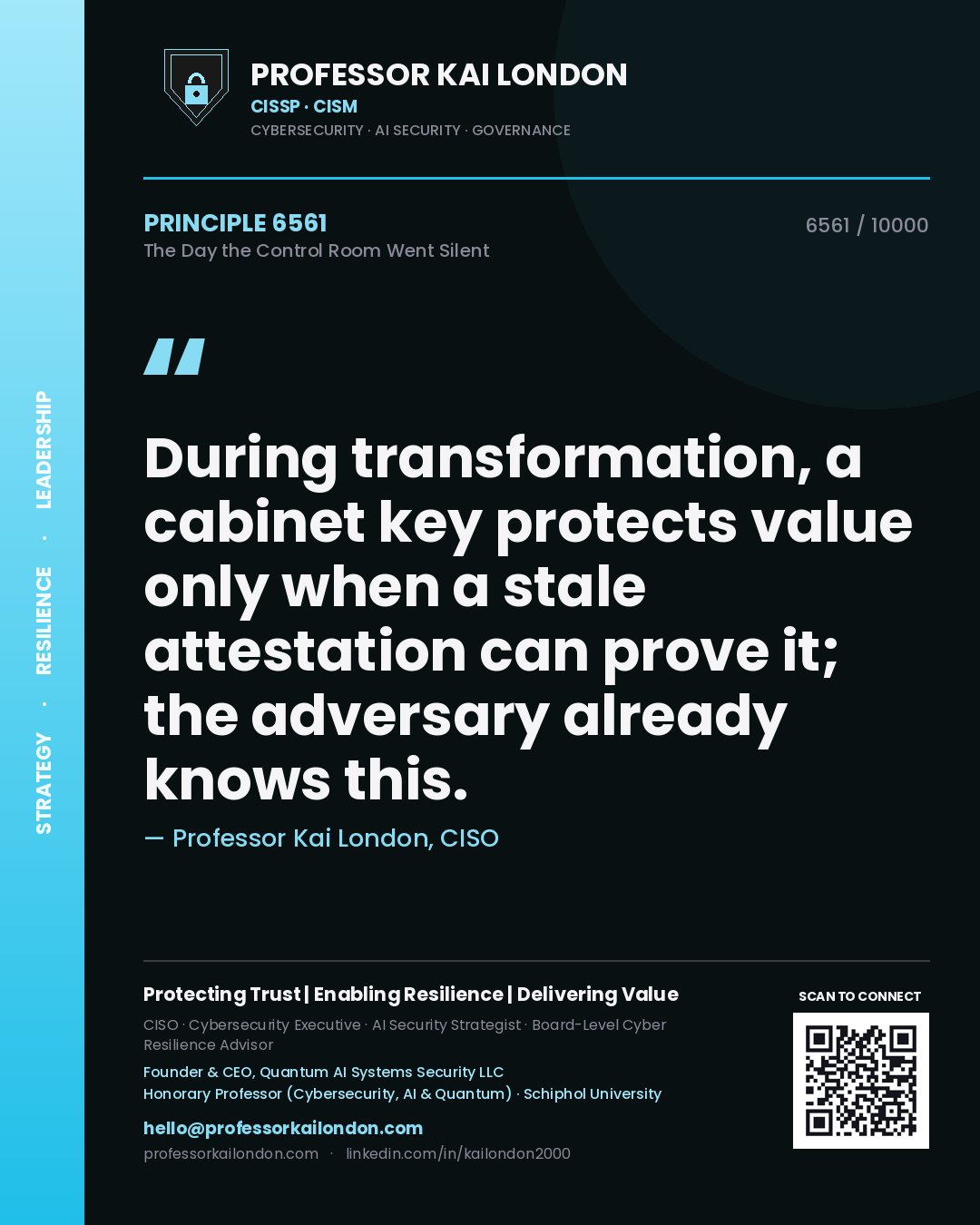 Professor Kai London principle 6561: During transformation, a cabinet key protects value only when a stale attestation can prove it; the adversary already knows this.
