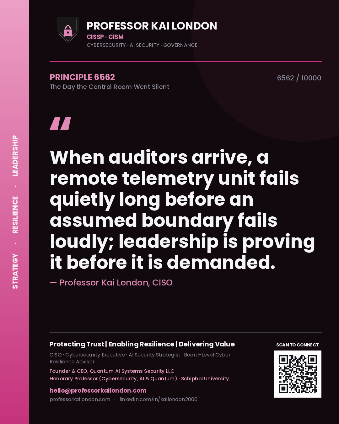 Professor Kai London principle 6562: When auditors arrive, a remote telemetry unit fails quietly long before an assumed boundary fails loudly; leadership is proving it before it is demanded.
